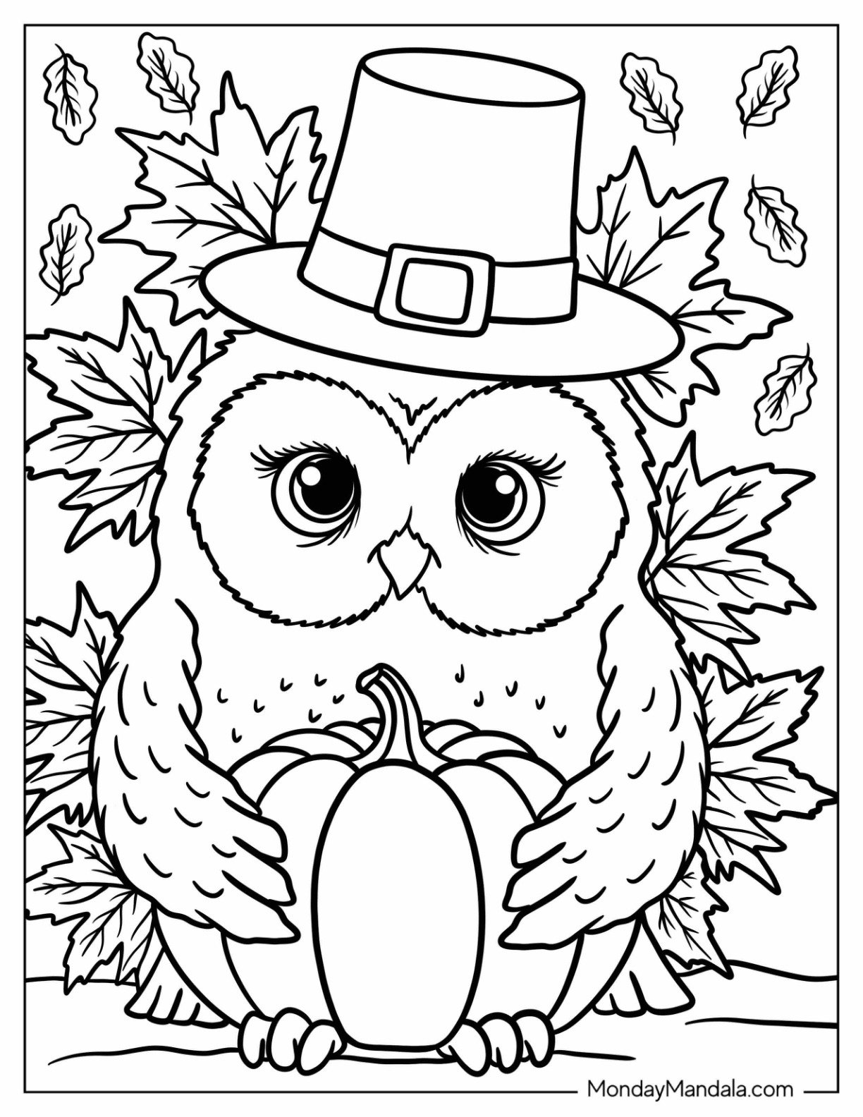 Autumn & Fall Coloring Page for Adults of Adorable Fall Owl in Pilgrim Hat Holding Pumpkin in Autumn