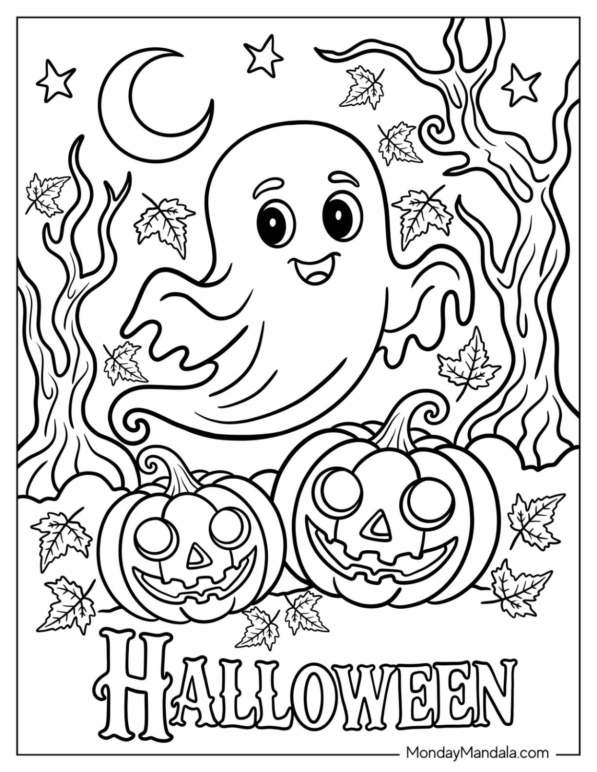 Halloween Coloring Page for Adults of Adorable Ghost Floating Over Jack o’ Lanterns in a Forest