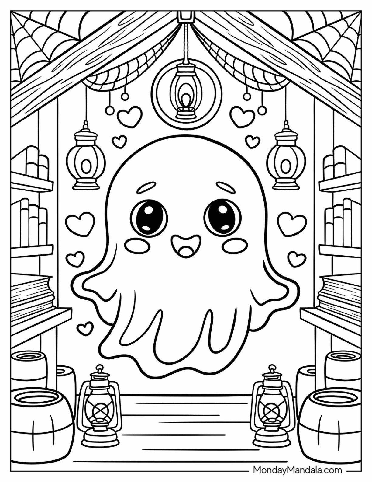 Horror Coloring Page of Adorable Ghost in Haunted Attic with Lanterns and Love Hearts For Kids