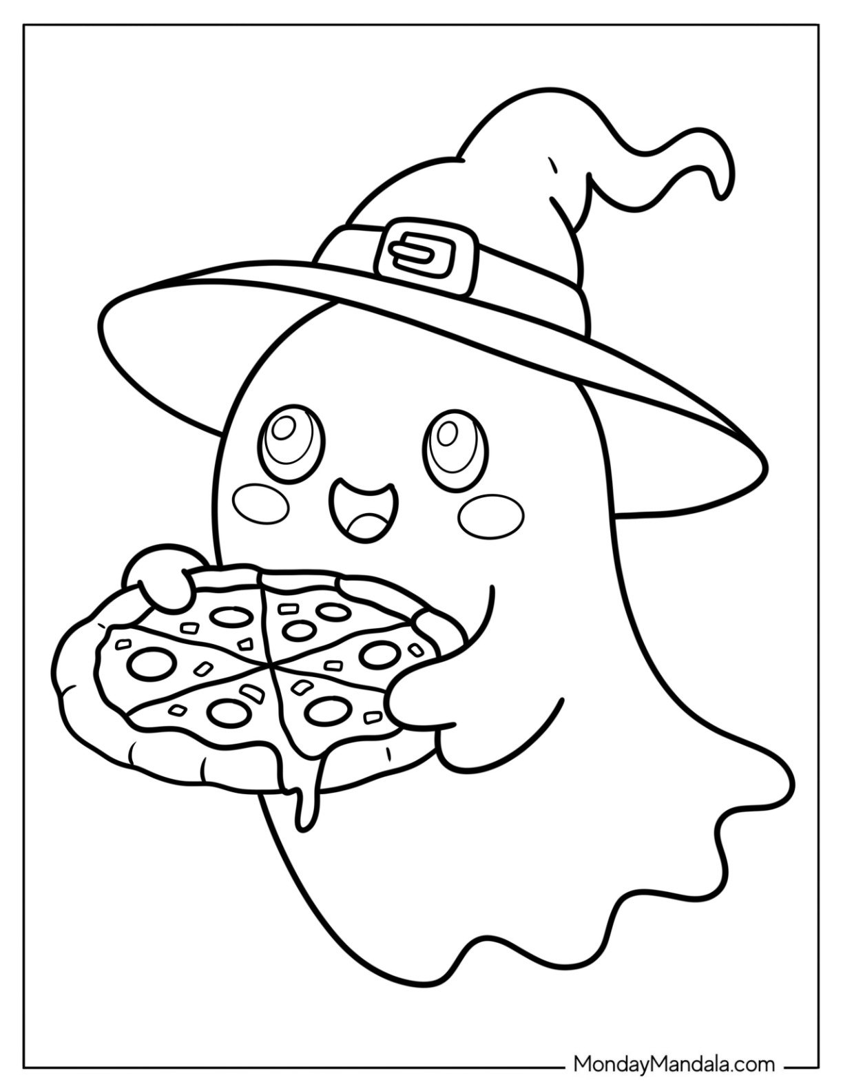 Adorable Ghost in Witch's Hat Delivering a Pizza Coloring Page
