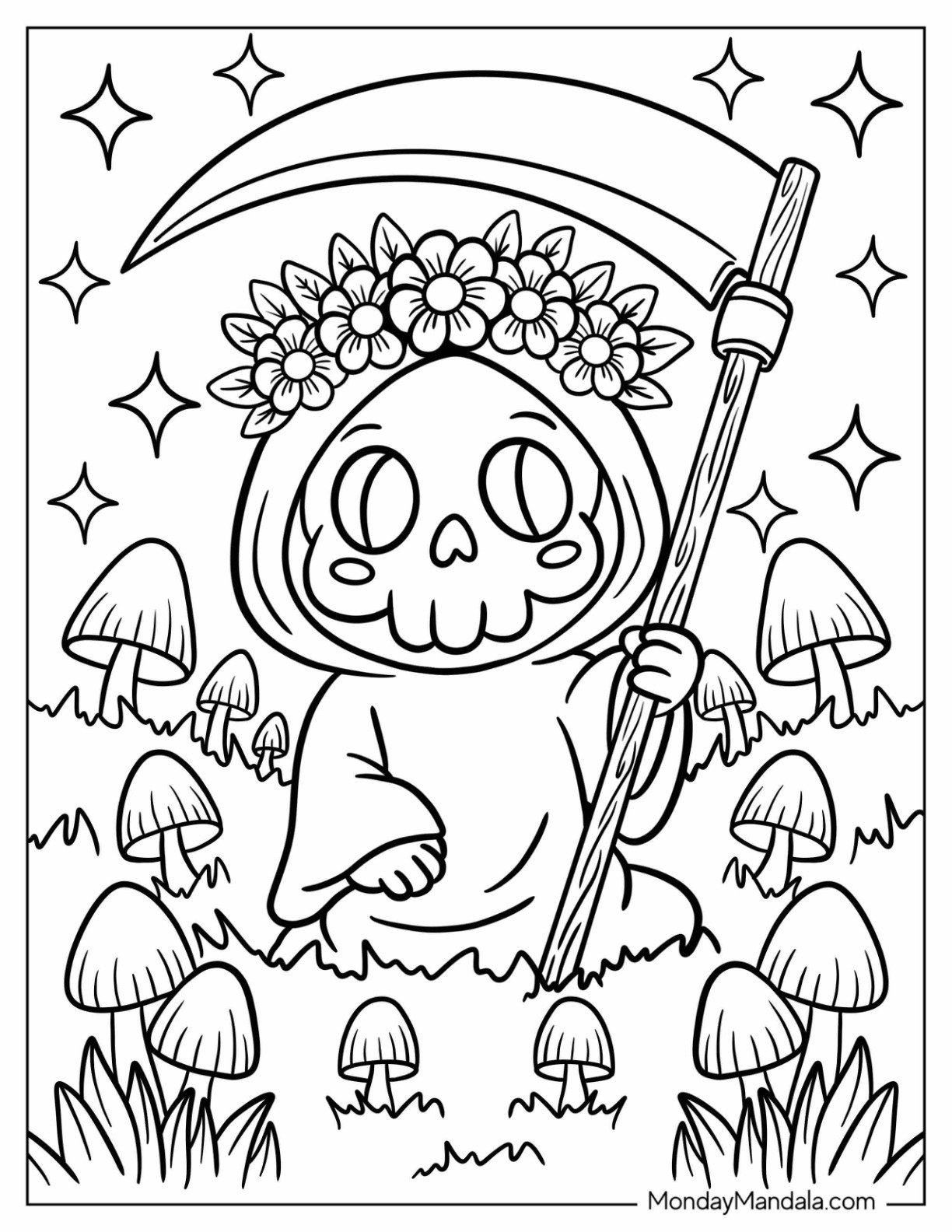 Adorable Grim Reaper Coloring Page Wearing Flower Crown In Field of Mushrooms for Kids
