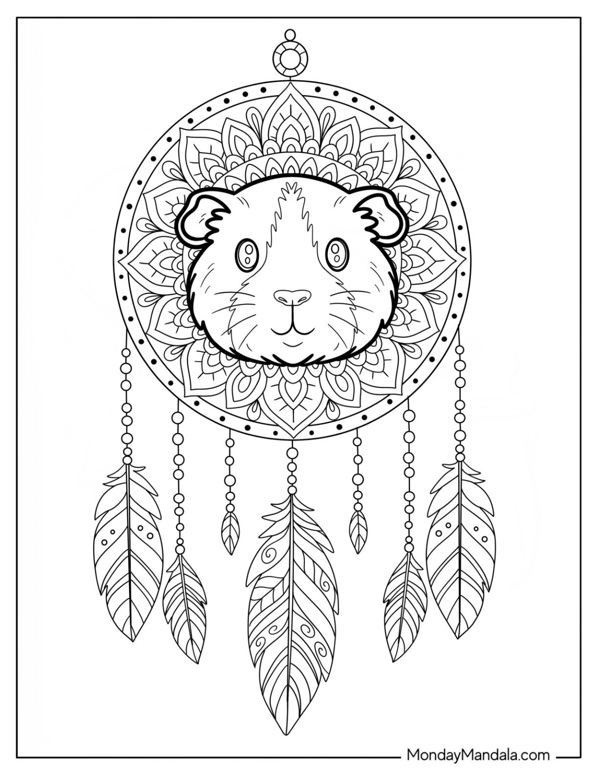 Adorable Guinea Pig Coloring Page in a Decorative Boho Dreamcatcher with Feathers