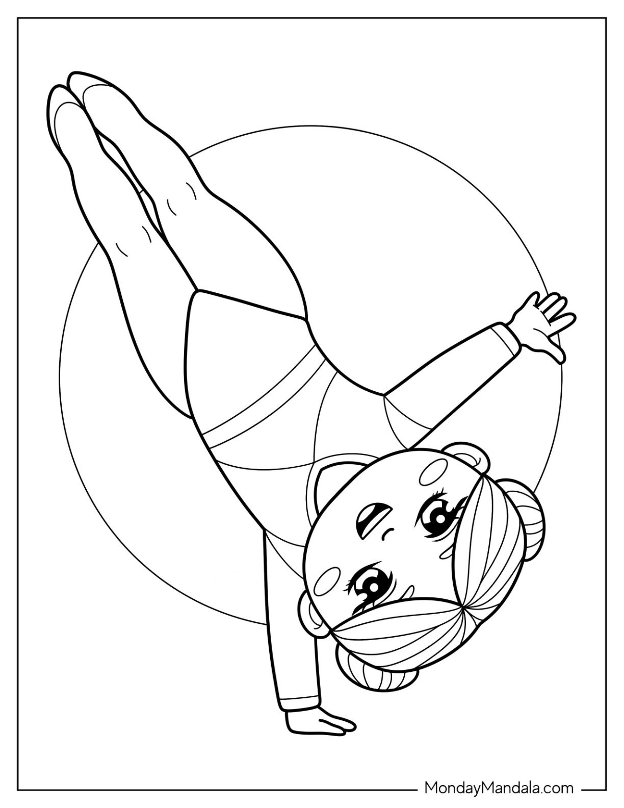 Gymnastics Coloring Page of Adorable Gymnast Balancing on One Arm with Circular Spotlight Design for Kids