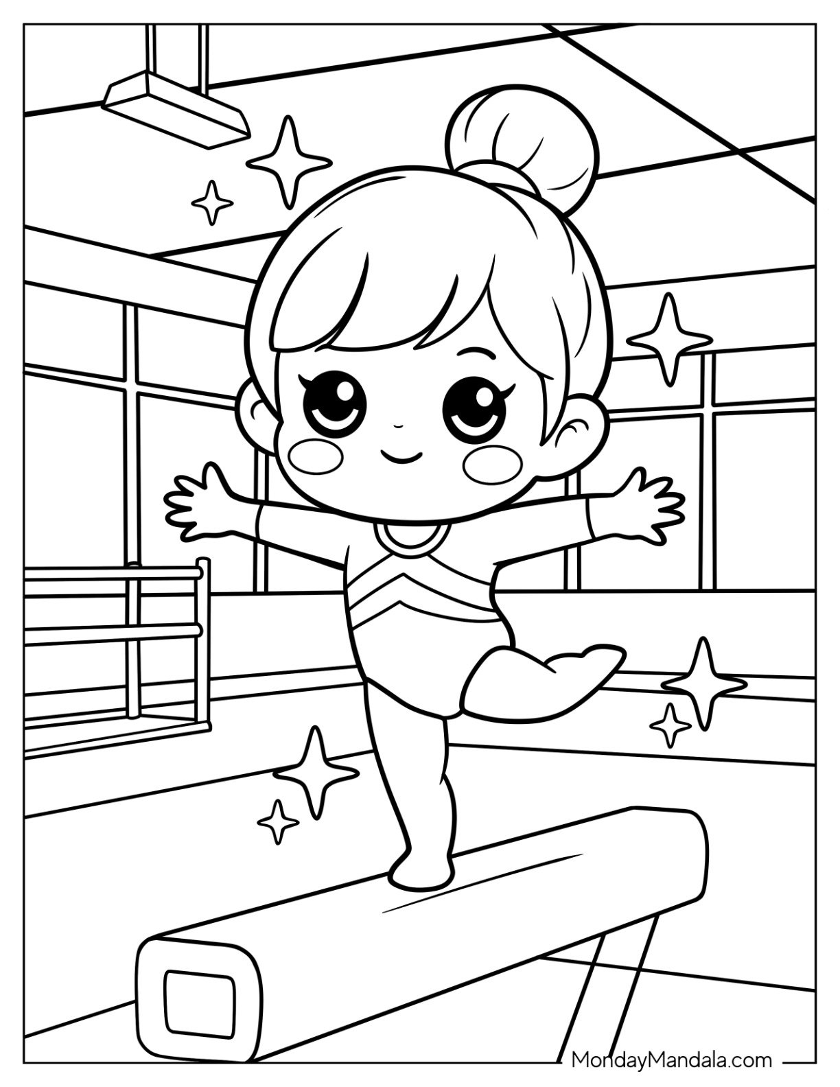 Gymnastics Coloring Page of Adorable Gymnast Girl Smiling on Balance Beam with Sparkles for Preschoolers