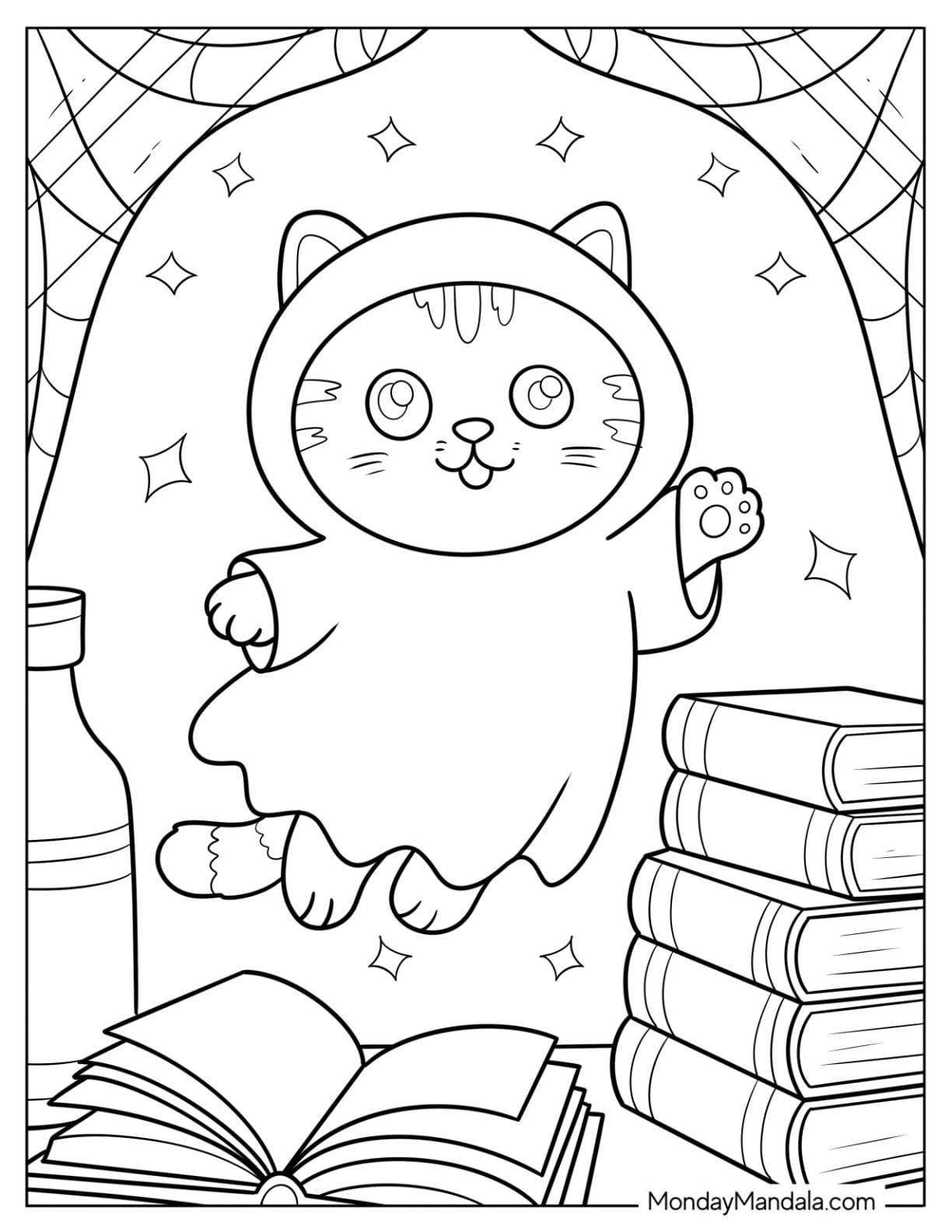 Adorable Halloween Cat Coloring Page Floating Over Books