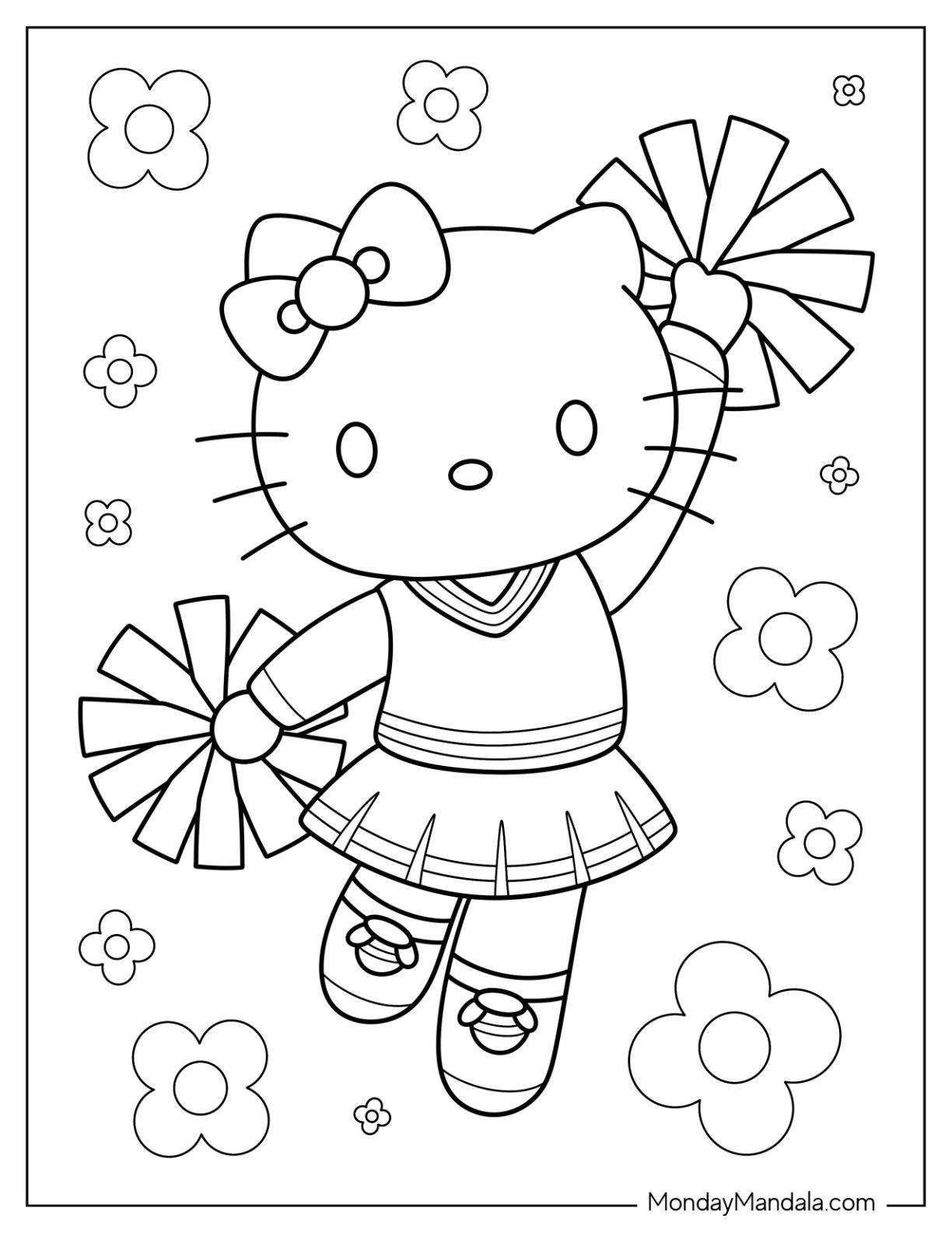 Cheerleading Coloring Page Of Adorable Hello Kitty Cheerleader With Flowers For Kids