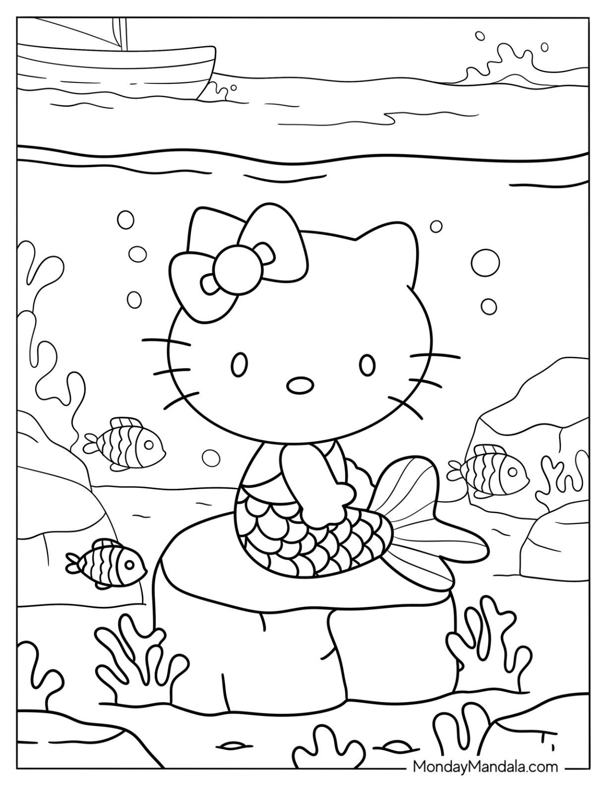 Adorable Hello Kitty Mermaid Coloring Page Resting on a Rock for Kids