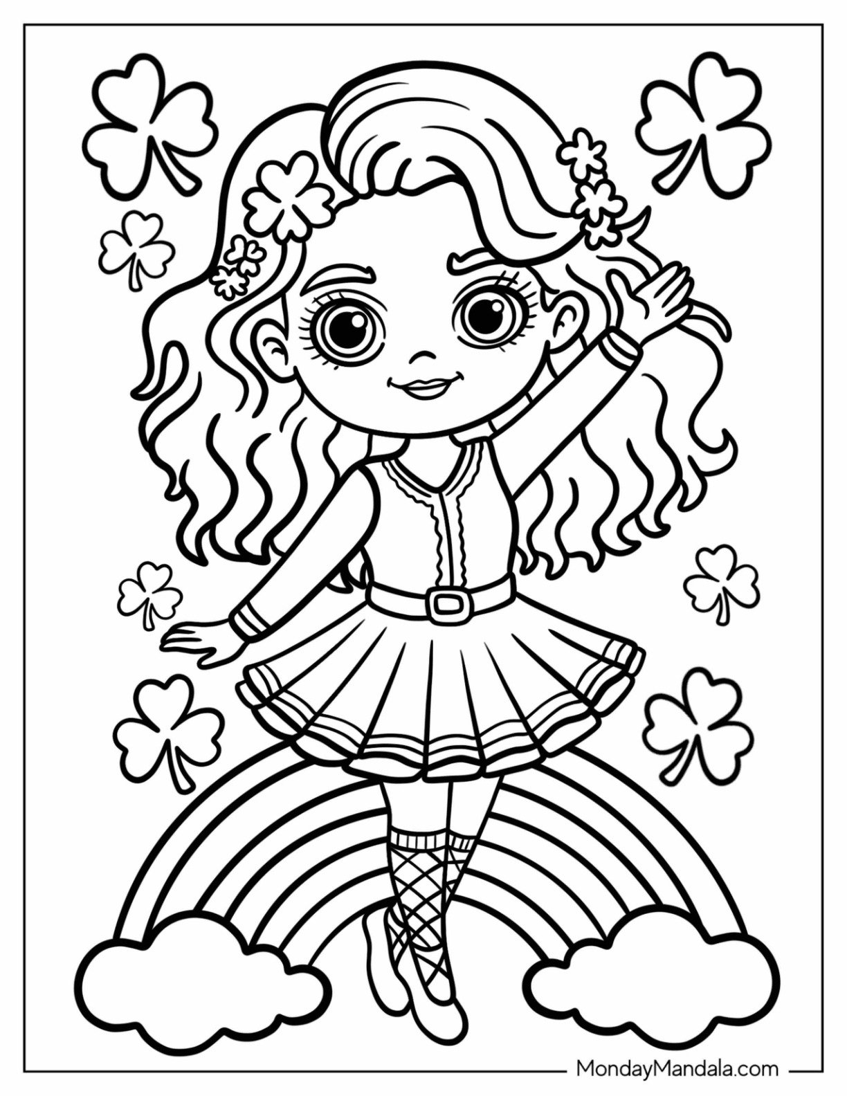 Adorable Irish Dancer Performing in Celtic Dress Surrounded by Lucky Clovers Dancing Coloring Page for Kids