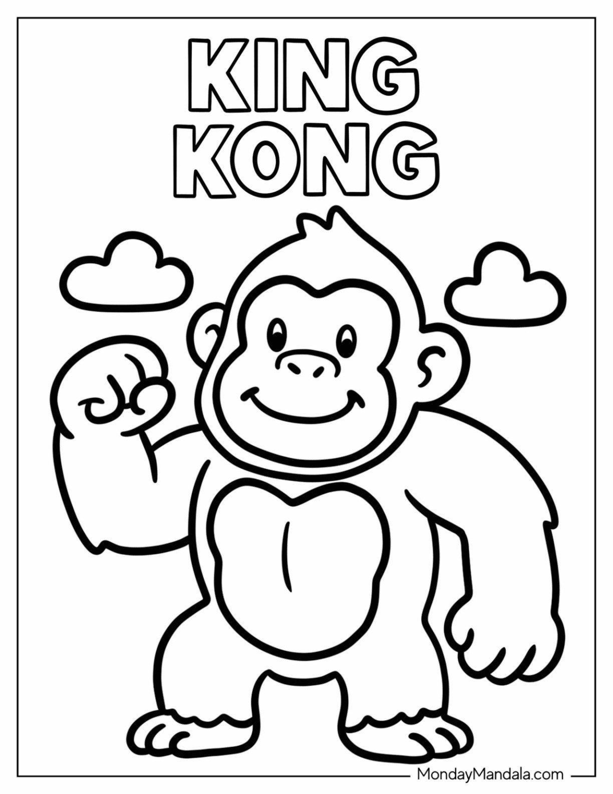 Adorable King Kong Coloring Page with Clouds and Text for Preschoolers