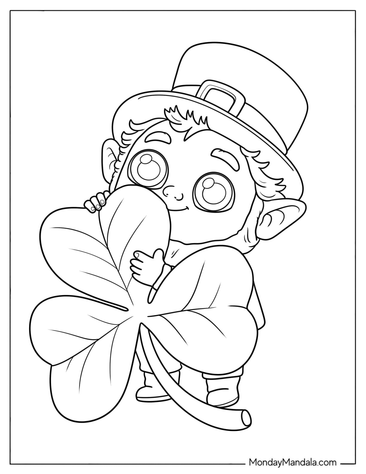 Adorable Leprechaun Hugging a Shamrock Coloring Page for Kids
