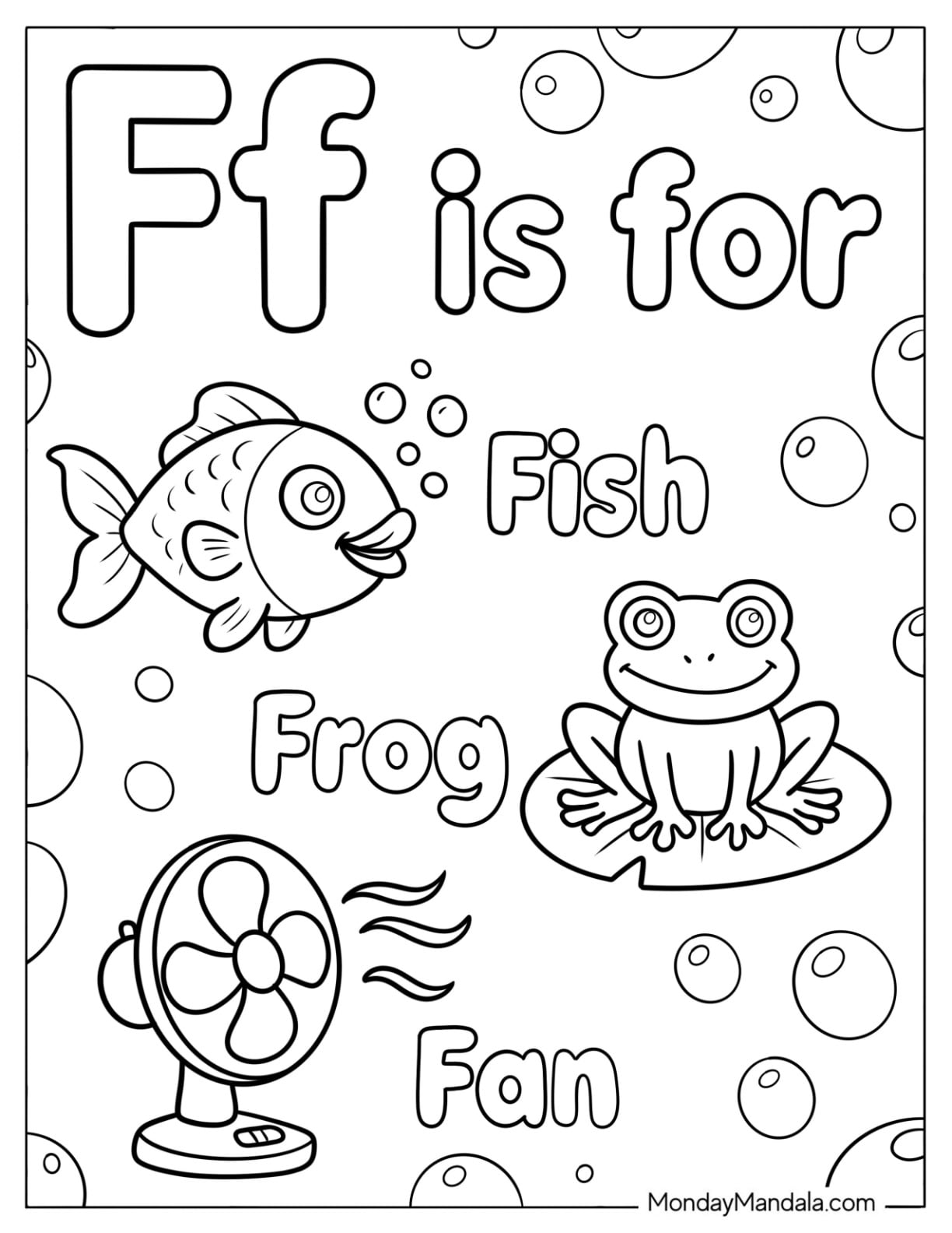 Adorable Letter F Coloring Page with Frog, Fish, and Fan for Kids