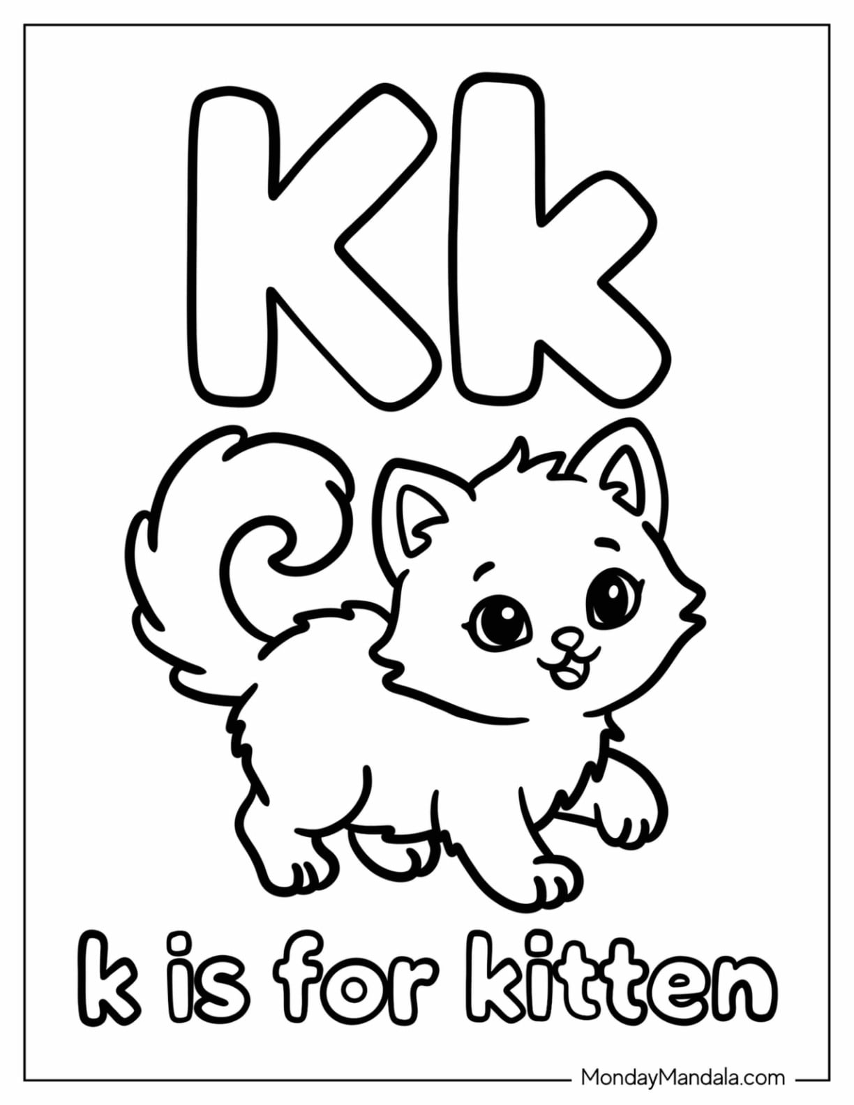 Adorable Letter K Coloring Page is for Kitten for Preschoolers