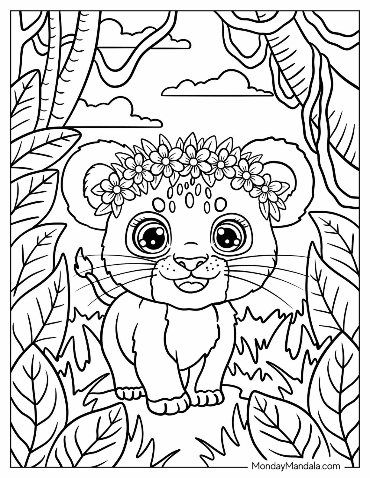 Adorable Lion Coloring Page of Cub with Flower Crown in the Jungle Coloring Sheet for Kids