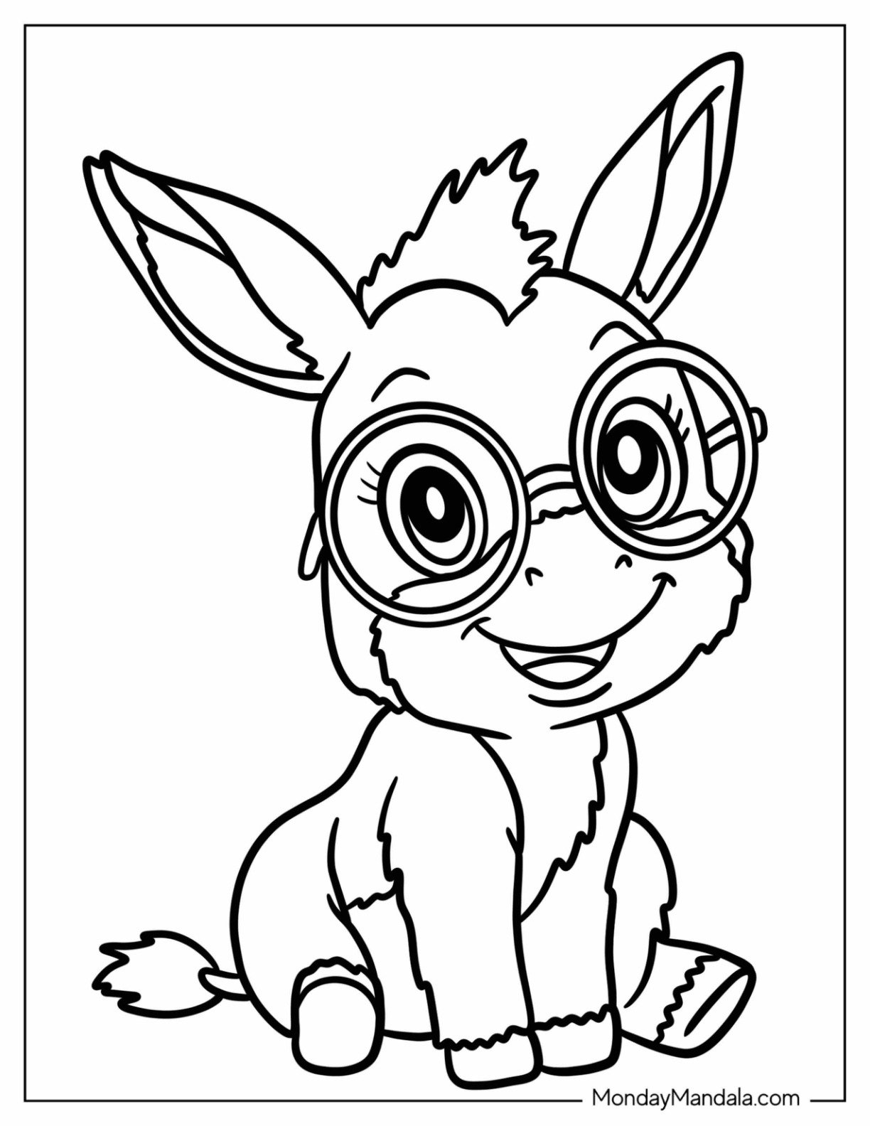 Adorable Little Donkey Coloring Page Sitting with Round Spectacles for Preschoolers