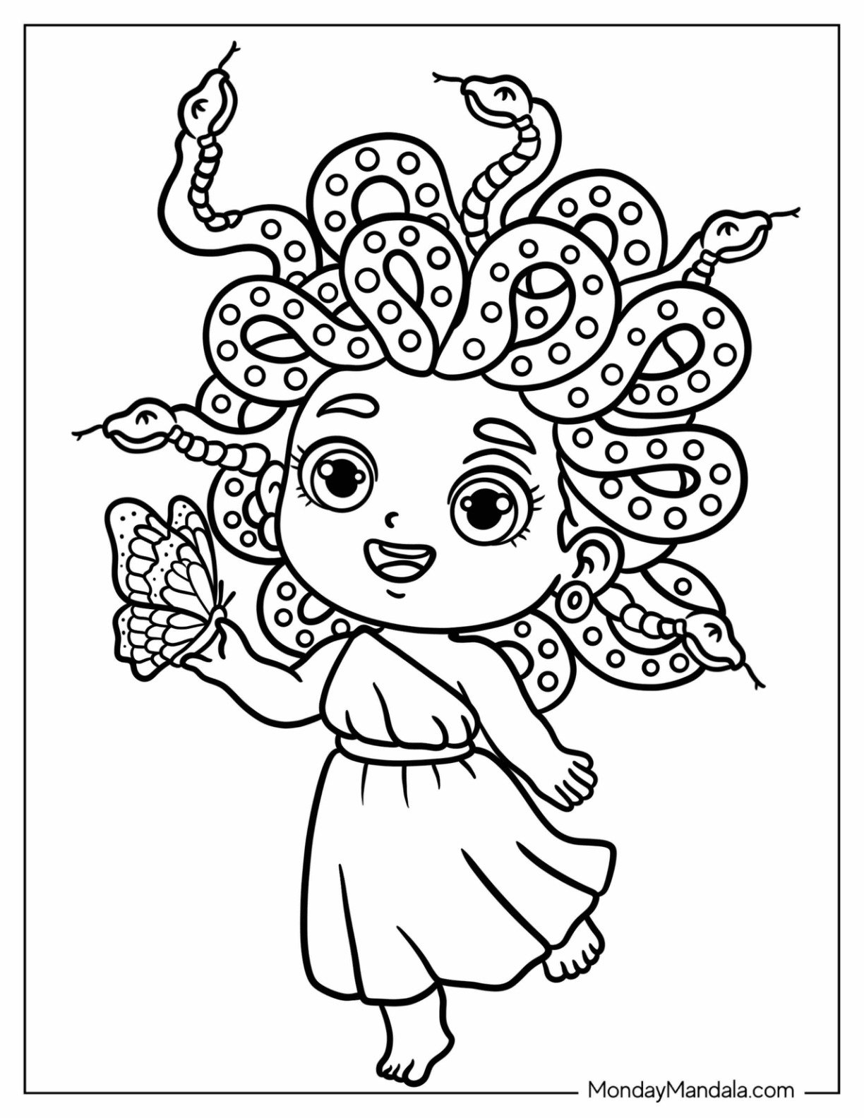 Adorable Little Medusa Coloring Page Dancing with a Butterfly for Preschoolers