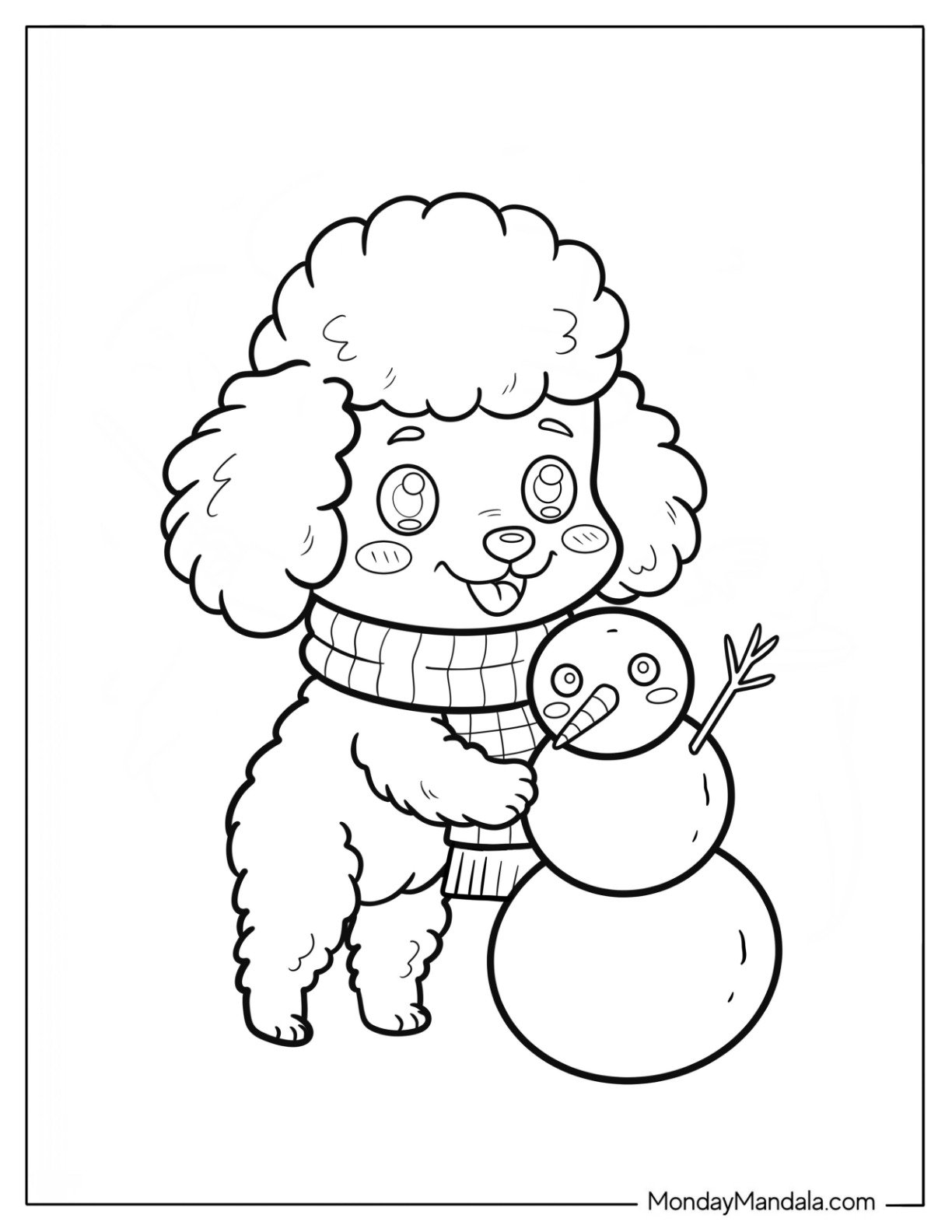 Adorable Little Poodle Coloring Page Making a Snowman for Preschoolers