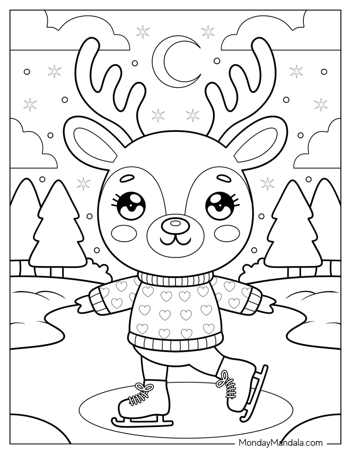 Adorable Little Reindeer in a Sweater Ice Skating Coloring Page for Preschoolers