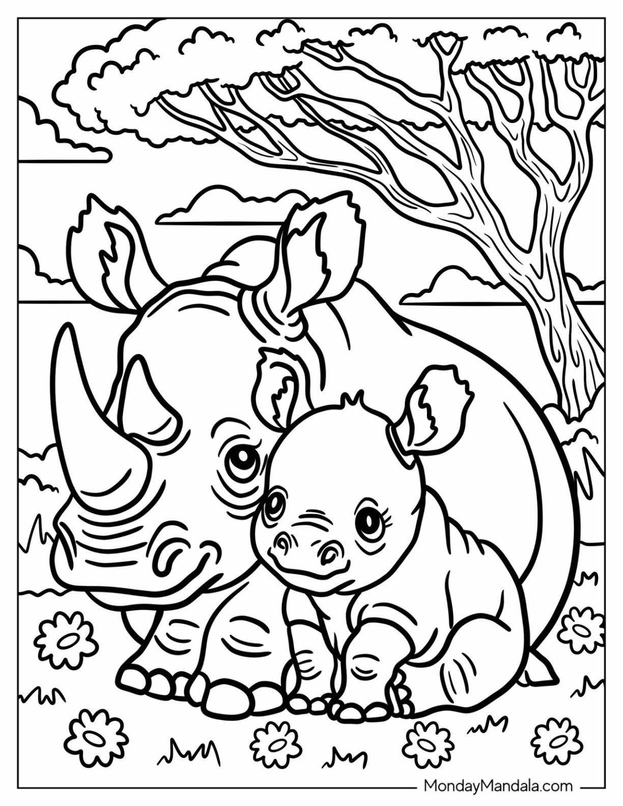 Adorable Mama Rhino with Her Baby Rhino Coloring Page for Kids