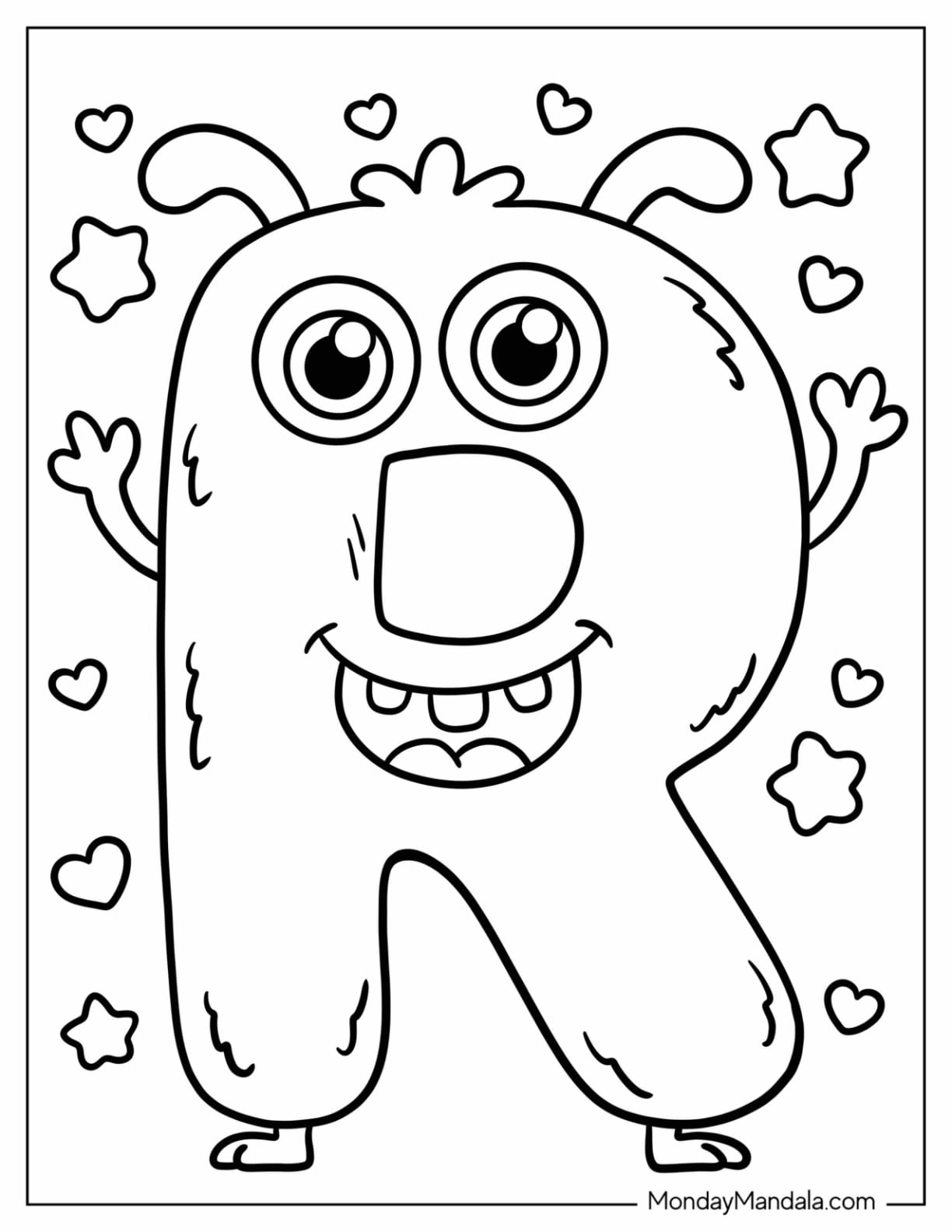 Adorable Monster Letter R Coloring Page with Stars and Hearts for Preschoolers