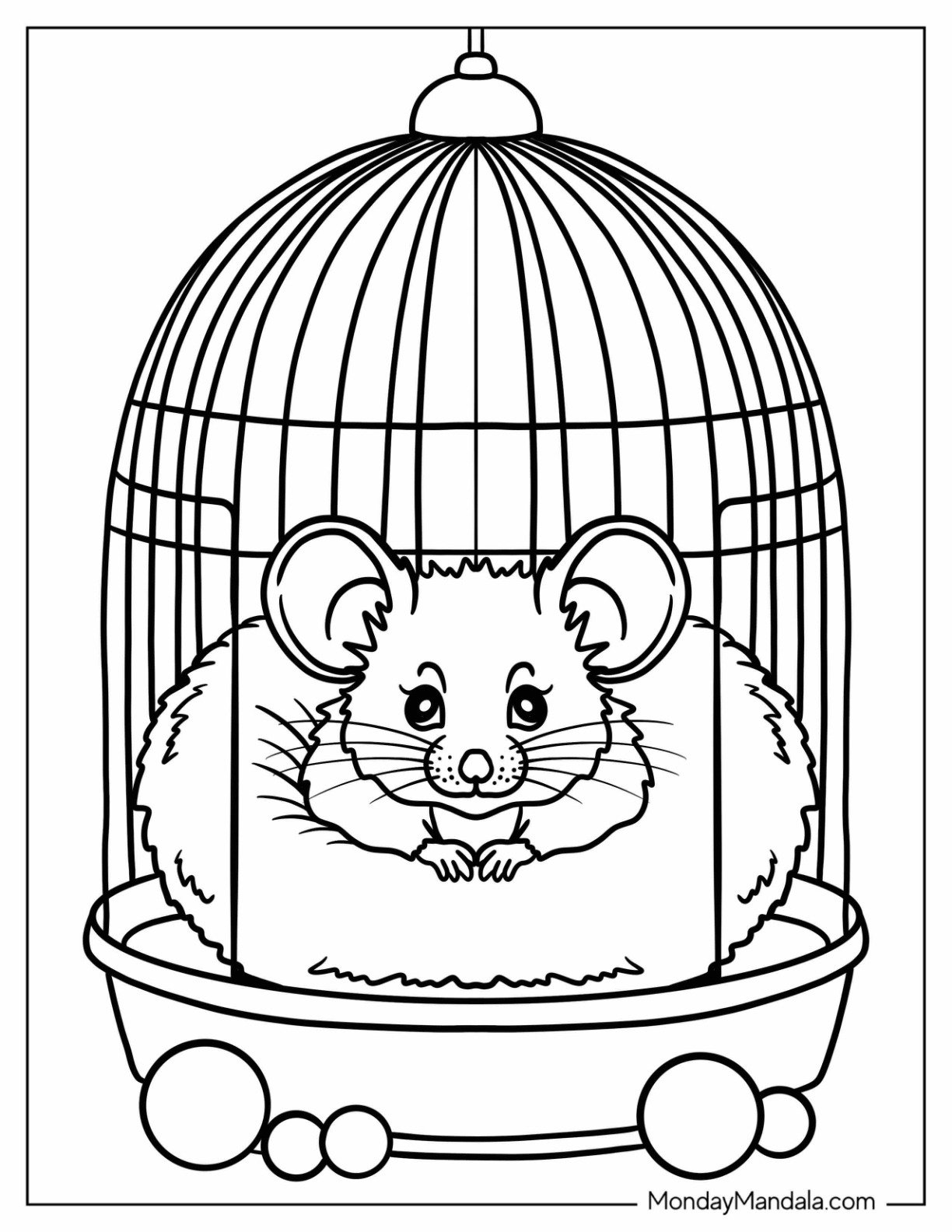 Adorable Mouse Coloring Page Curling Up Inside a Fluffy Nest in Its Cage for Preschoolers