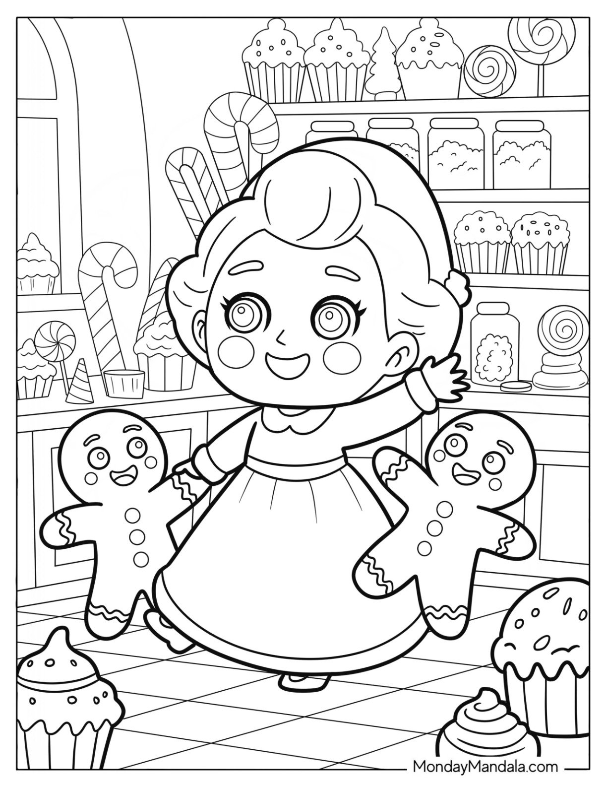Adorable Mrs. Claus Coloring Page Dancing with Gingerbread Men for Kids