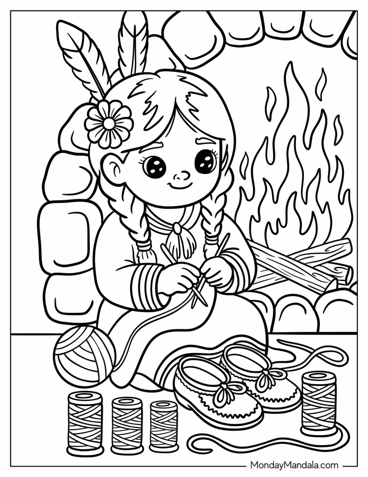 Adorable Native American Coloring Page of Girl Sitting by Fire Making Moccasins for Preschoolers