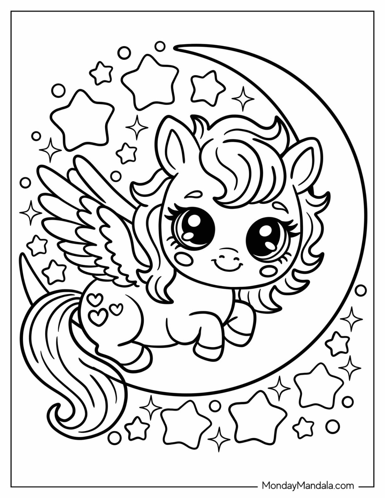 Adorable Pegasus Coloring Page Flying Past Crescent Moon and Stars for Kids