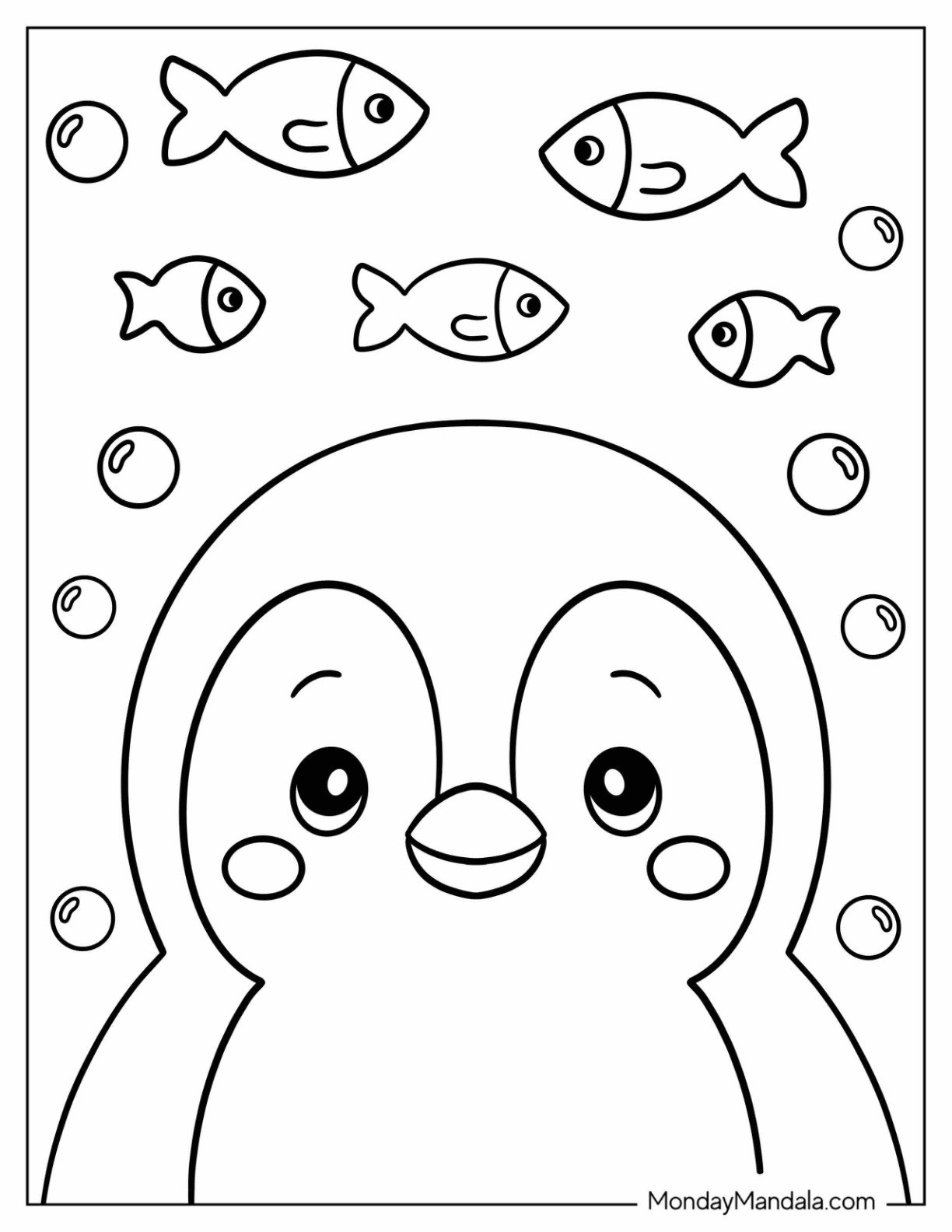 Adorable Penguin Coloring Page Staring Up at Swimming Fish for Preschoolers