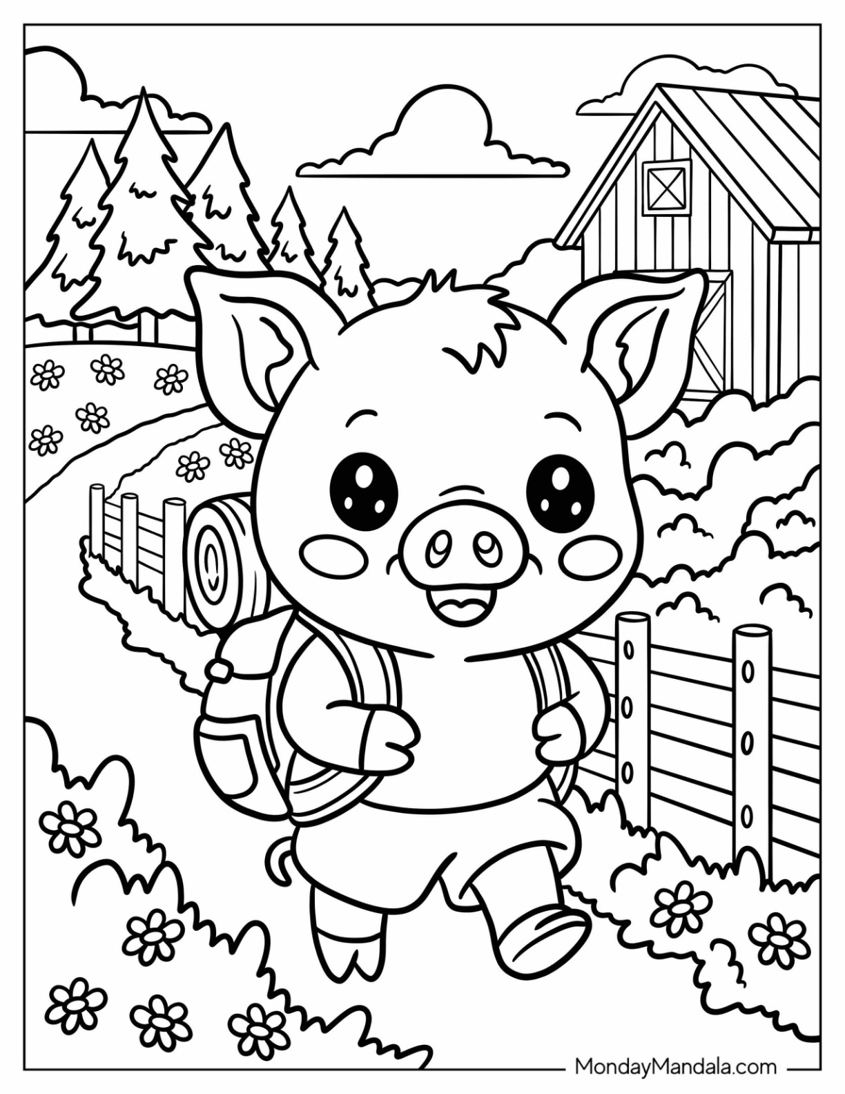 Adorable Pig Coloring Page with Backpack Walking to School for Kids