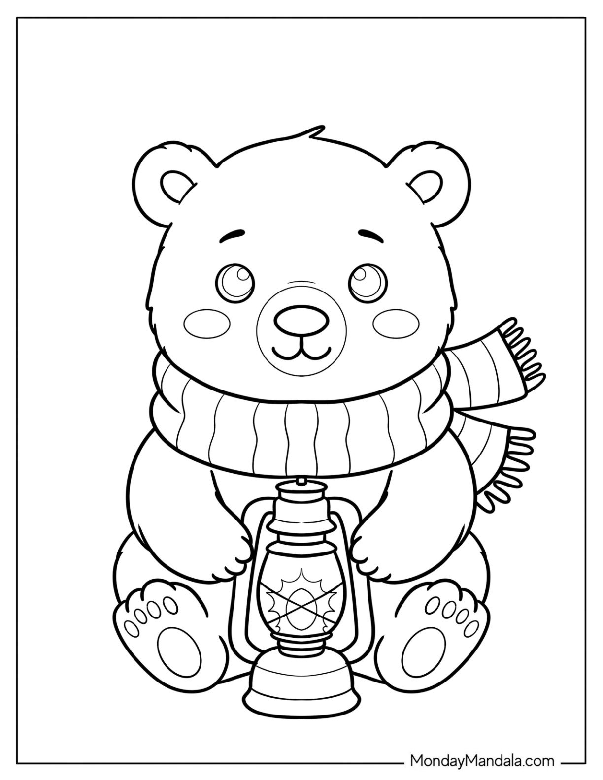Adorable Polar Bear Coloring Page with Scarf and Lantern for Kids