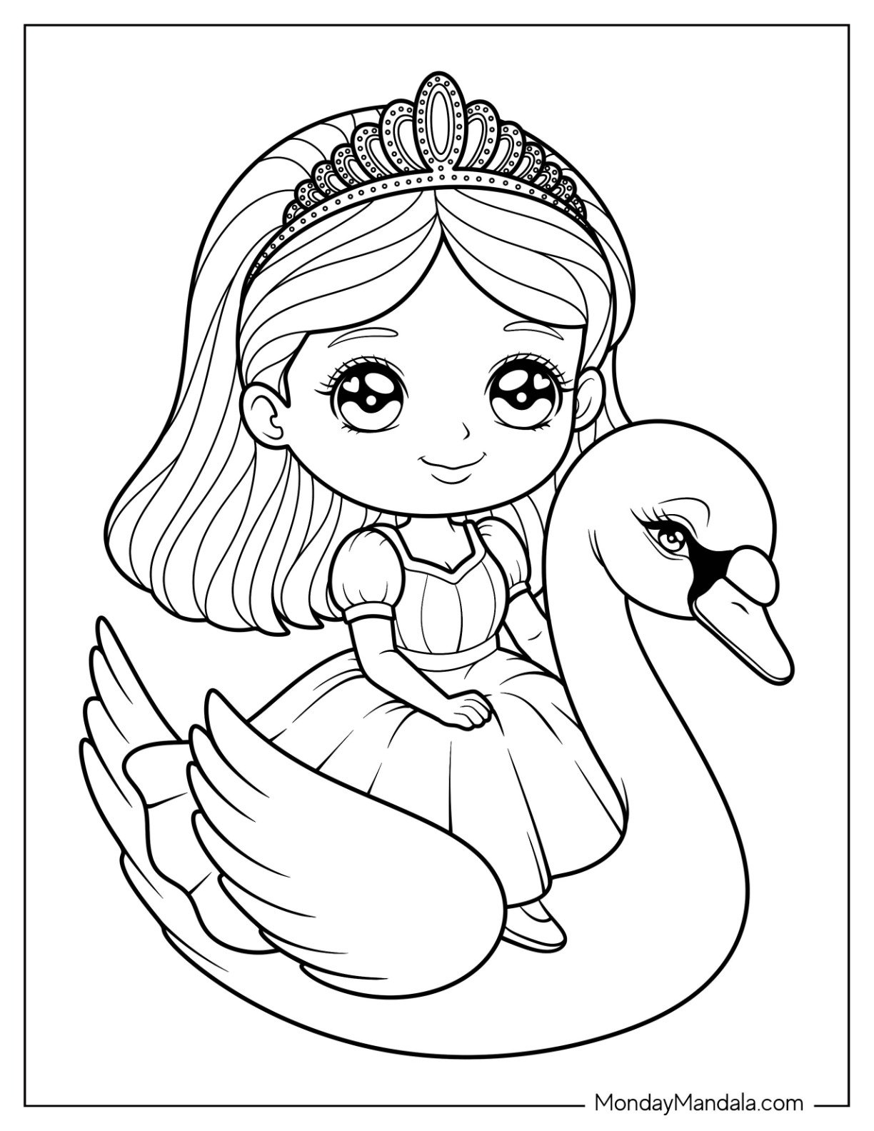 Adorable Princess Coloring Page with Tiara Riding Swan for Kids
