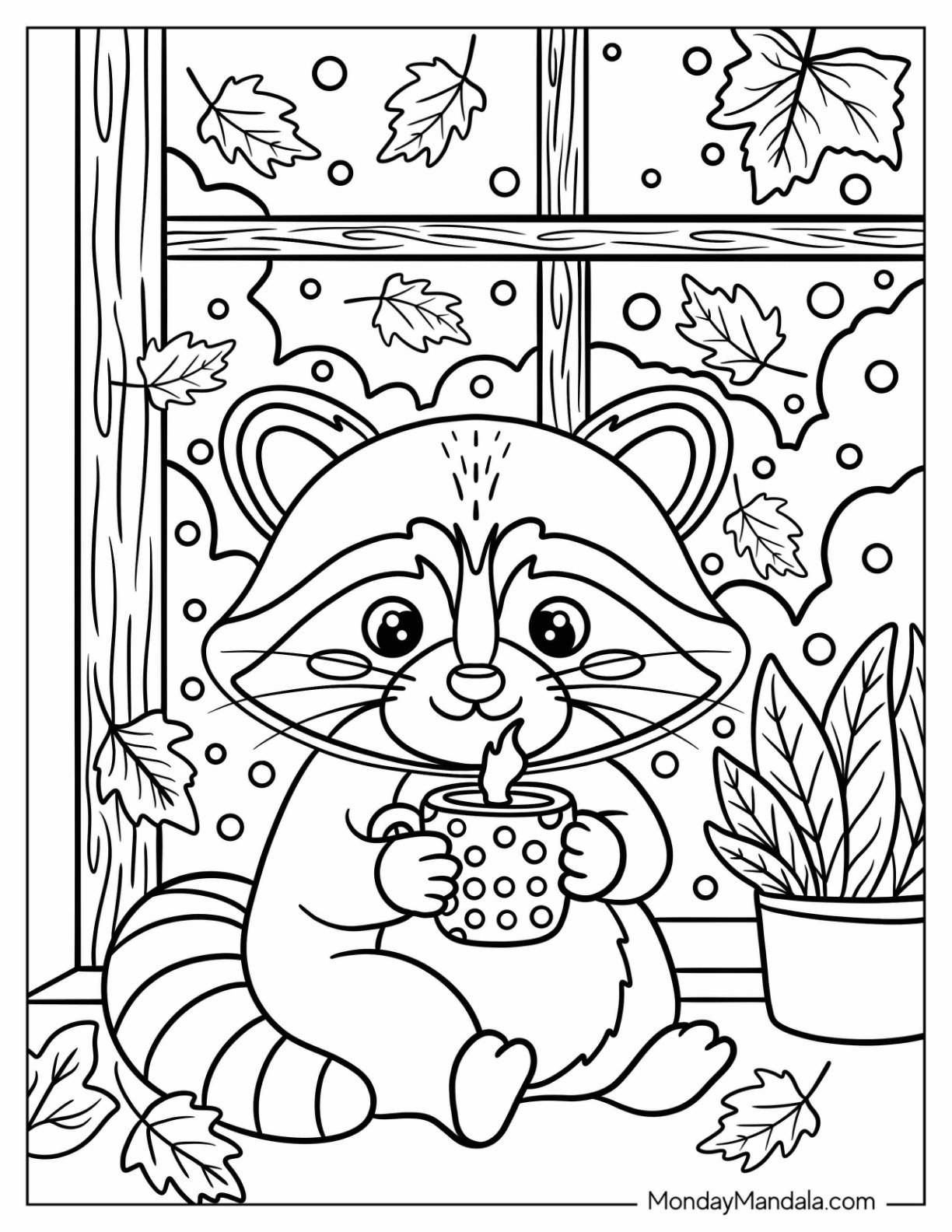 Adorable Raccoon Holding a Mug by the Window Fall Coloring Page