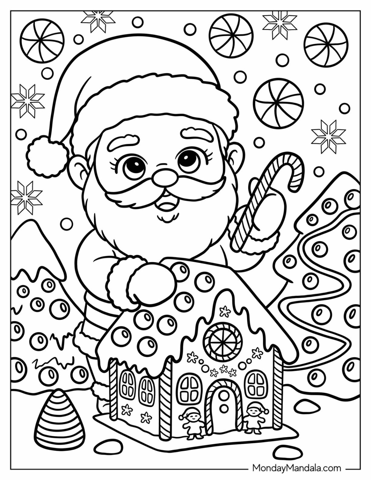 Adorable Santa Coloring Page Standing Next to Candy Covered Gingerbread House