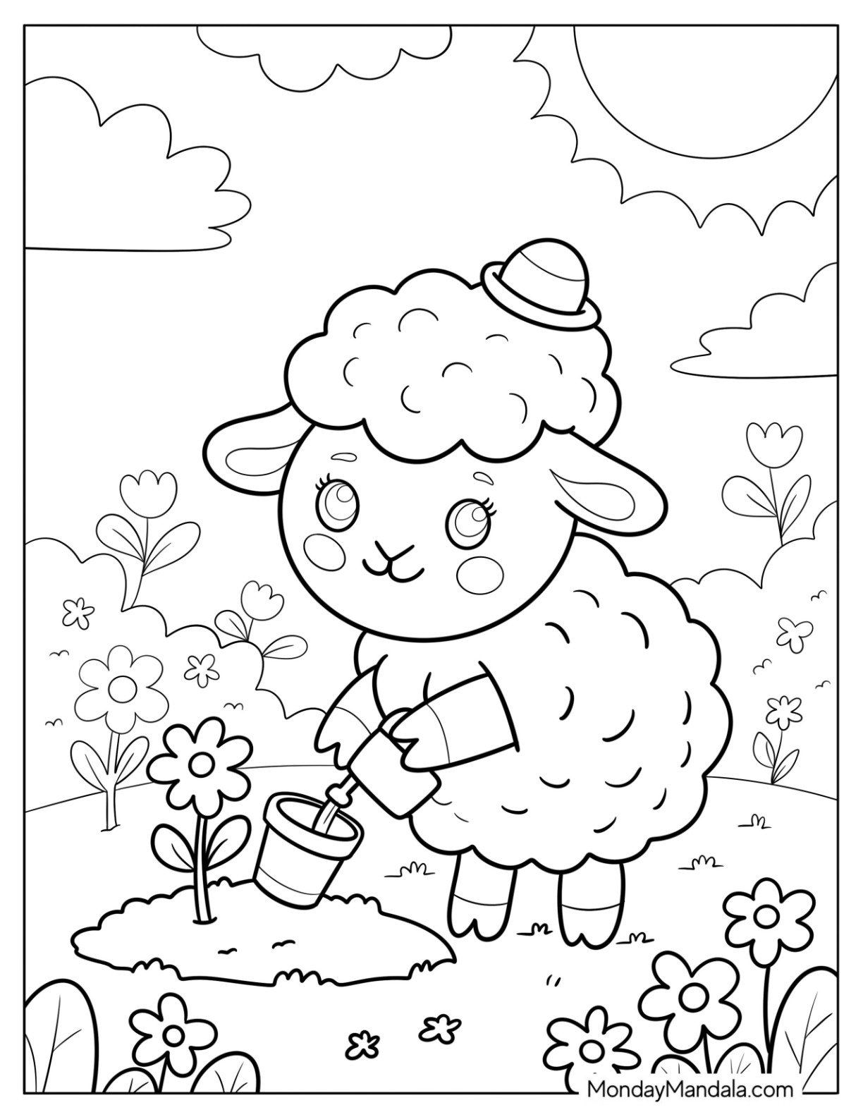 Adorable Sheep Coloring Page with Watering Can in a Garden for Kids