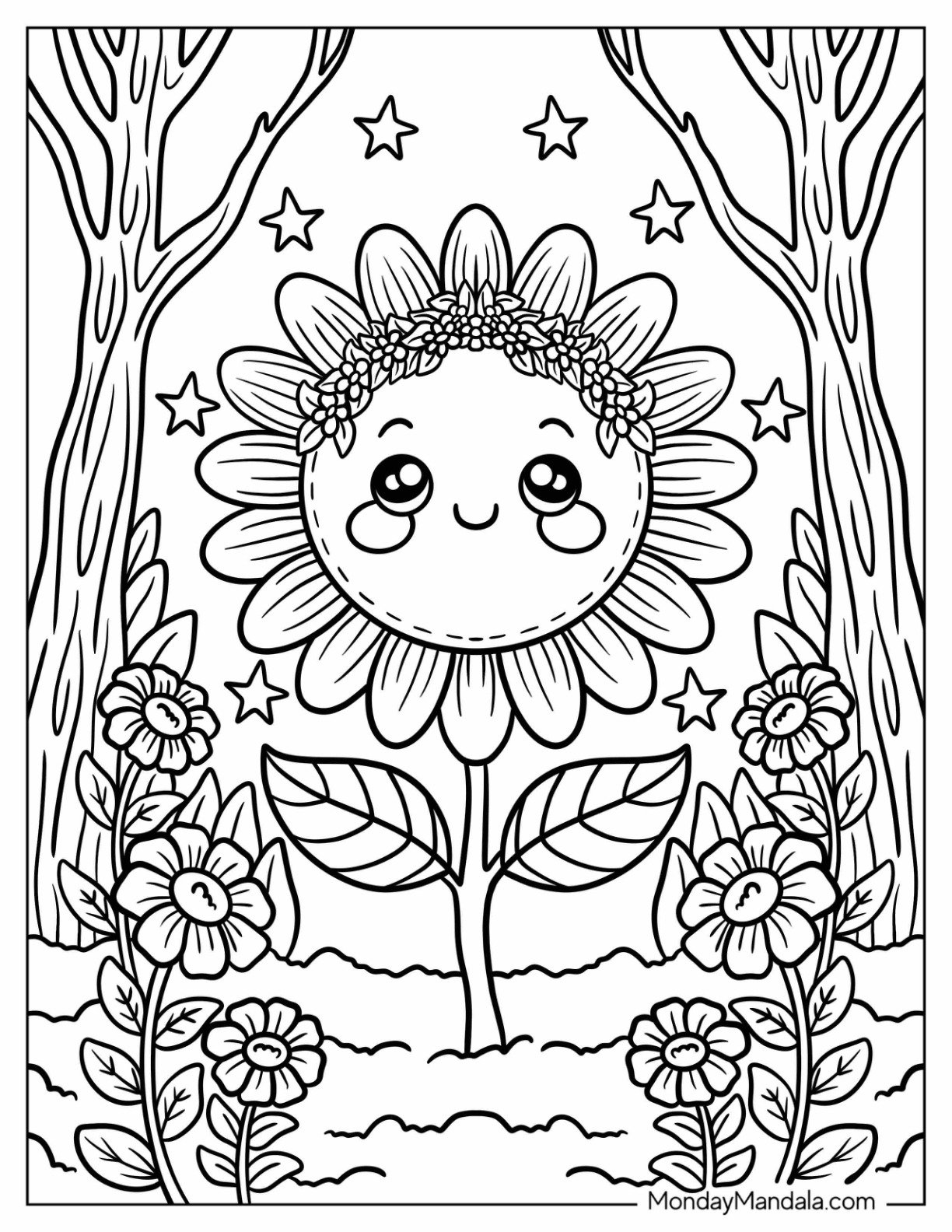 Adorable Sunflower Coloring Page With Blushing Cheeks Beneath Sparkling Stars for Kids