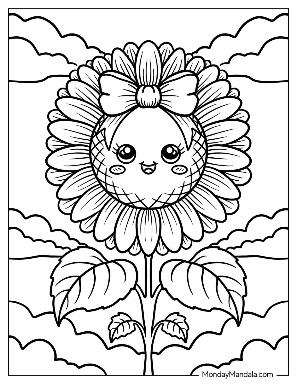 Adorable Sunflower Coloring Page With Round Face and Leafy Stem