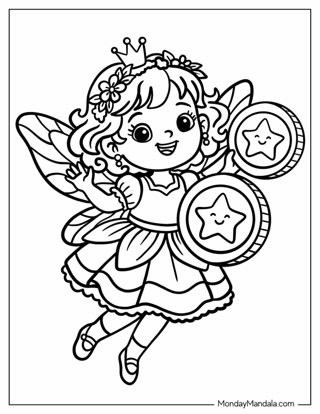 Adorable Tooth Fairy with Two Gold Coins Coloring Page