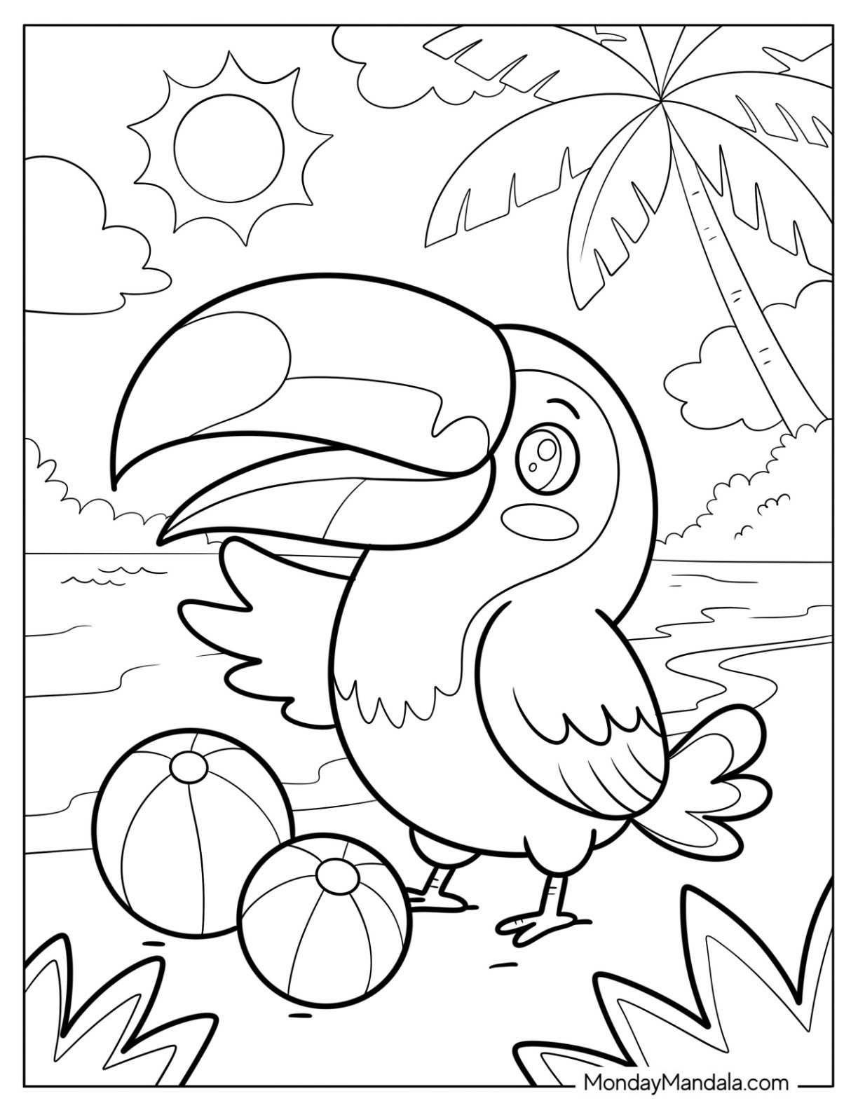 Adorable Toucan Coloring Page with Beach Balls