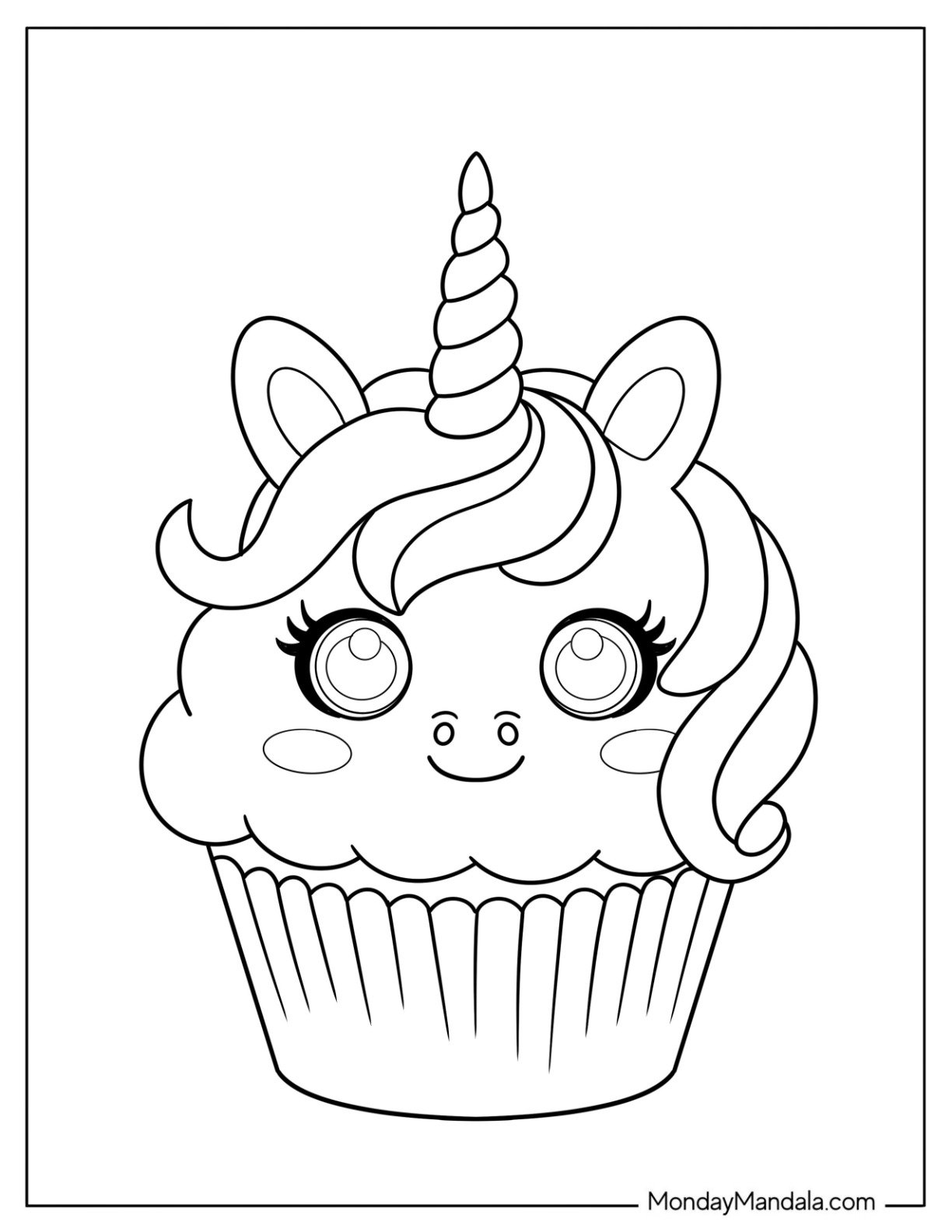 Adorable Unicorn Cupcake Coloring Page with Horn and Cute Face for Preschoolers