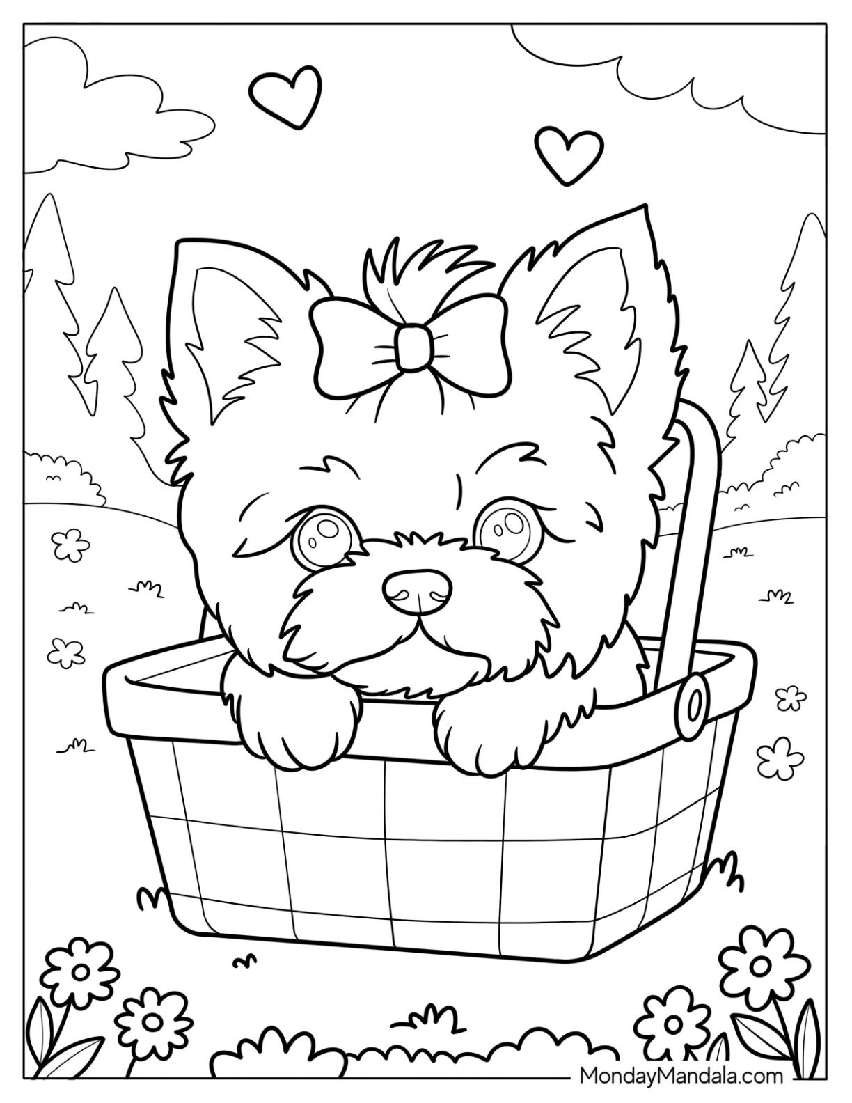 Adorable Yorkie Coloring Page with Bow in a Basket on Spring Meadow for Kids