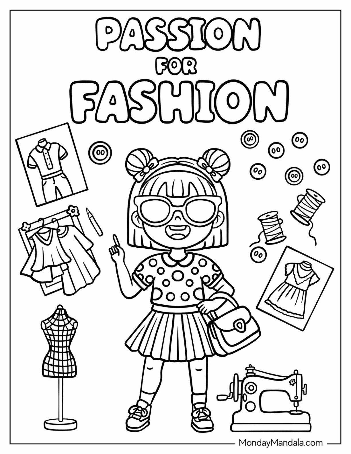 Fashion Coloring Page of Adorable Young Stylist Surrounded by Sewing Tools and Outfits for Kids