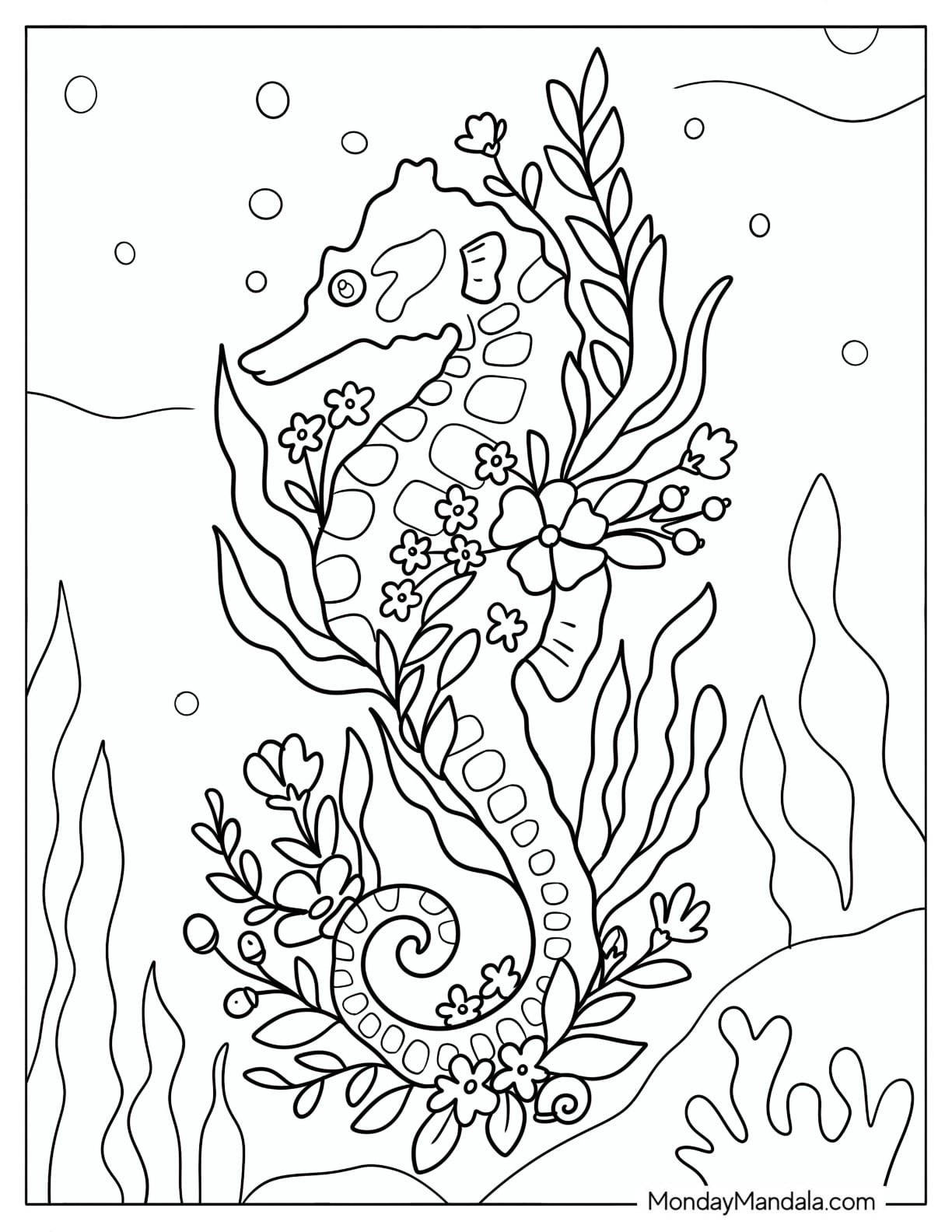 Adult Seahorse Covered in Flowers and Seaweed