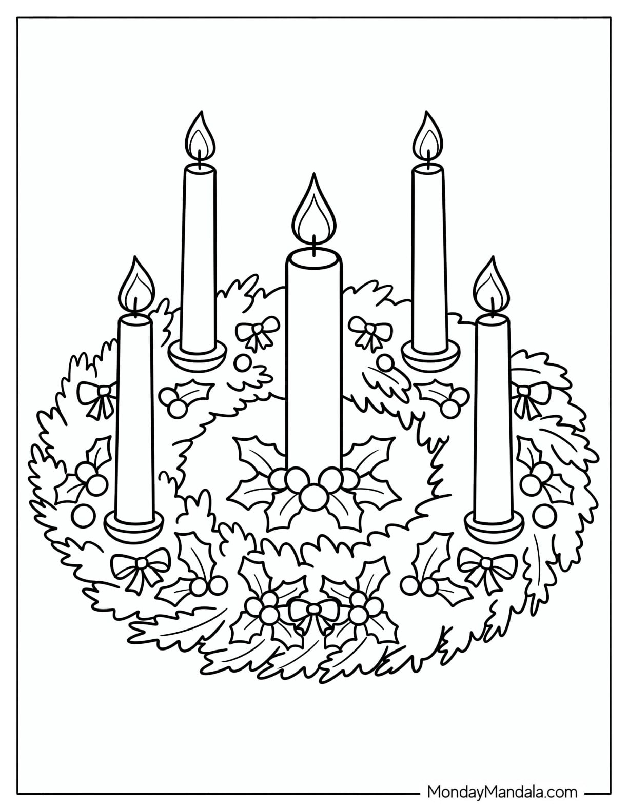 Christian Christmas Coloring Page of Advent Wreath with Five Candles, Holly, and Berries,