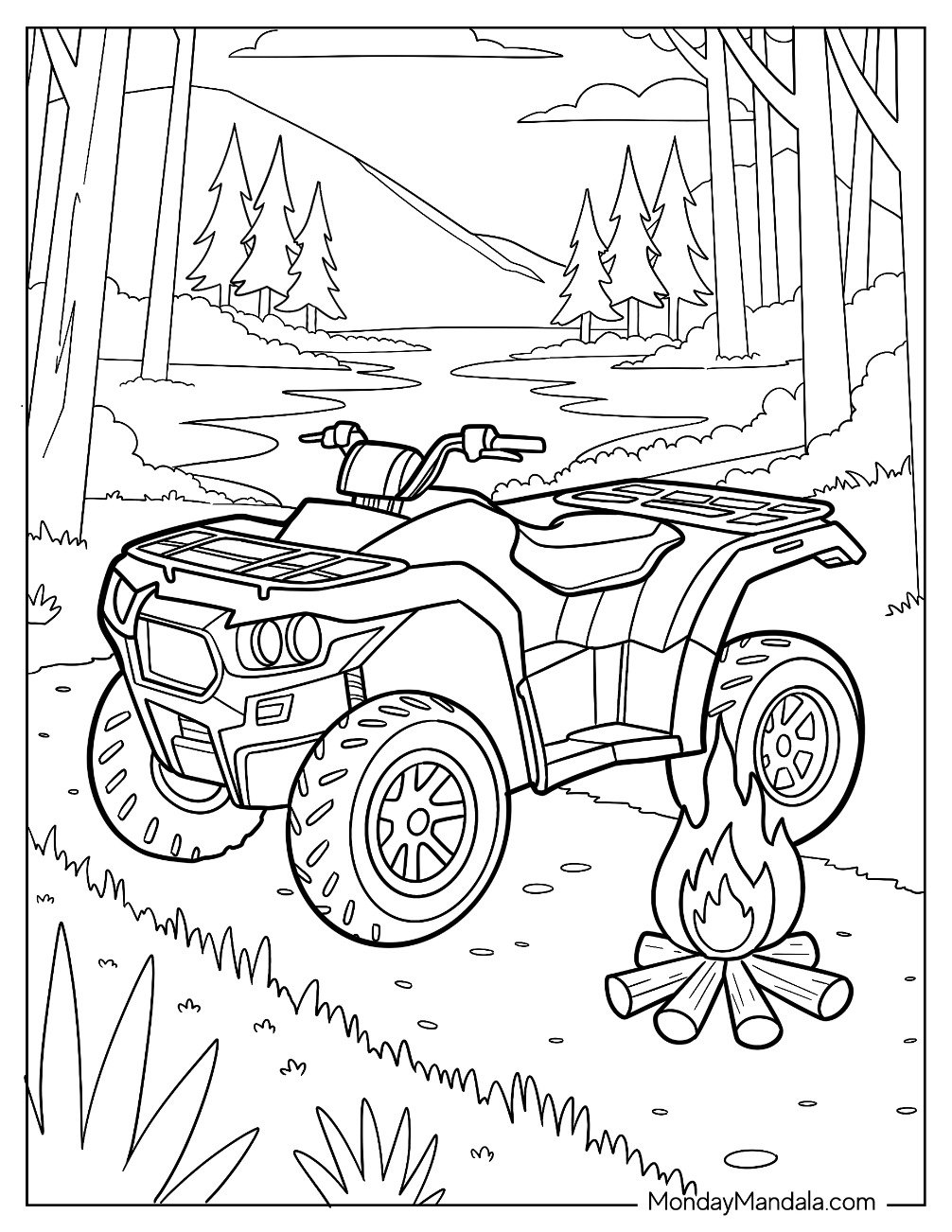 Adventure ATV with Campfire in Scenic Mountain Forest
