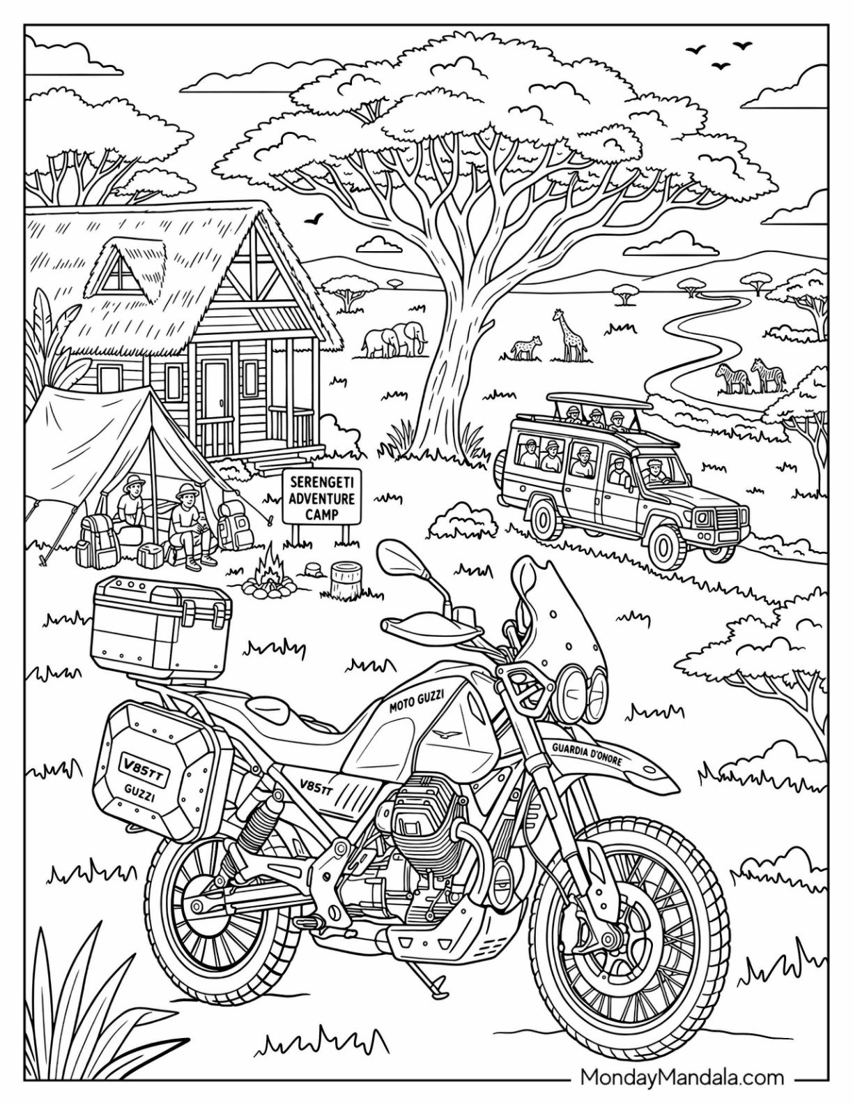 Adventure Motorcycle at a Wilderness Campsite Coloring Page