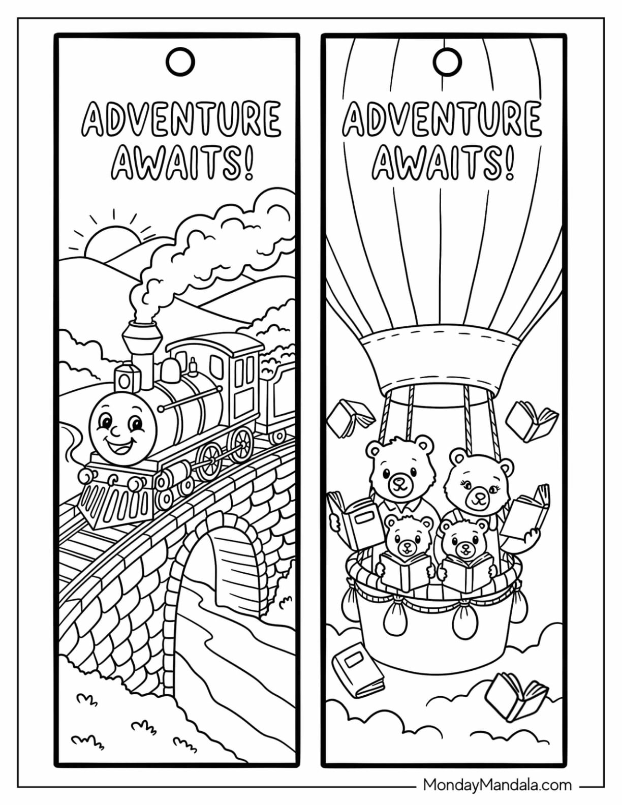 Adventure Train and Teddy Bears in a Hot Air Balloon Coloring Page for Kids