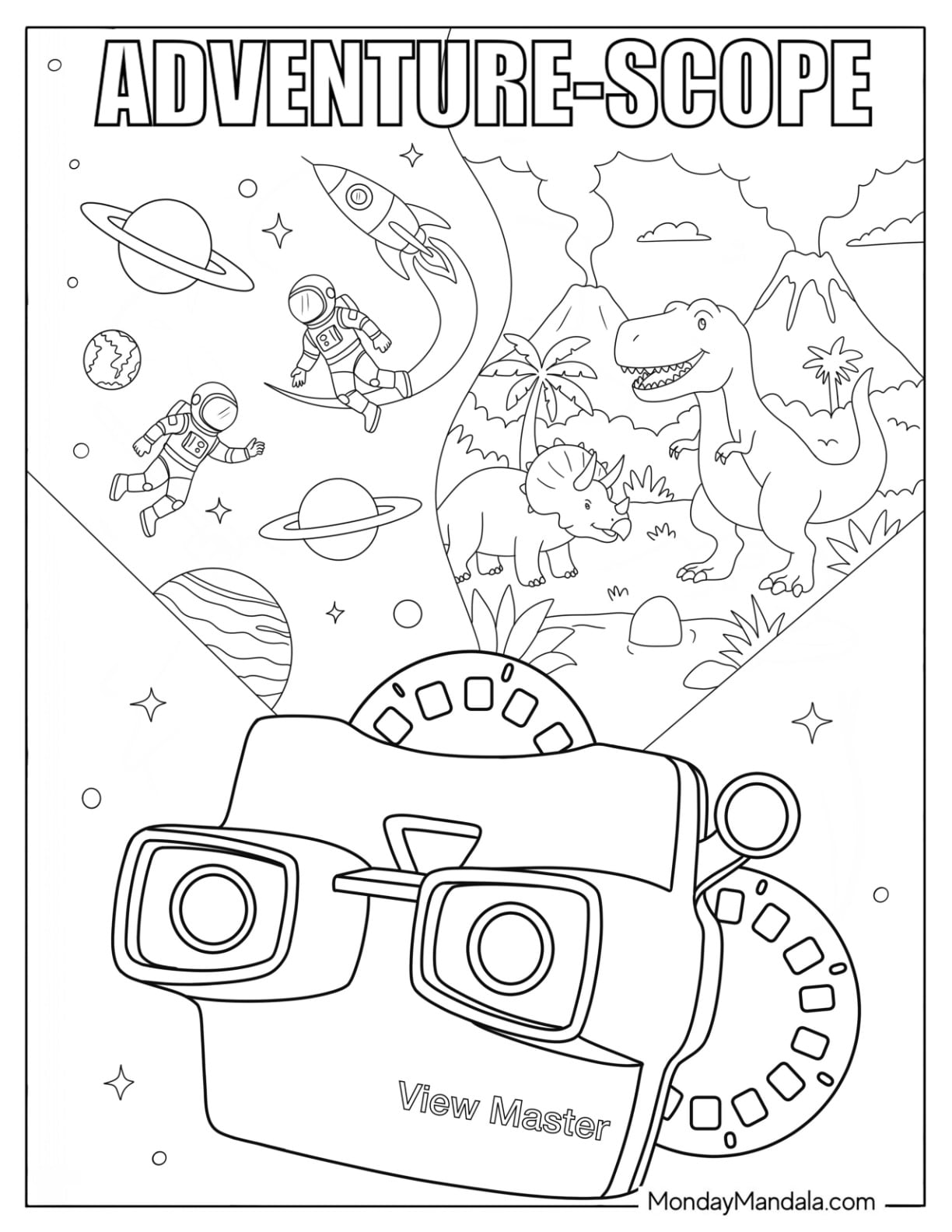 Adventure View Master Toy Coloring Page with Space and Dinosaur Reels