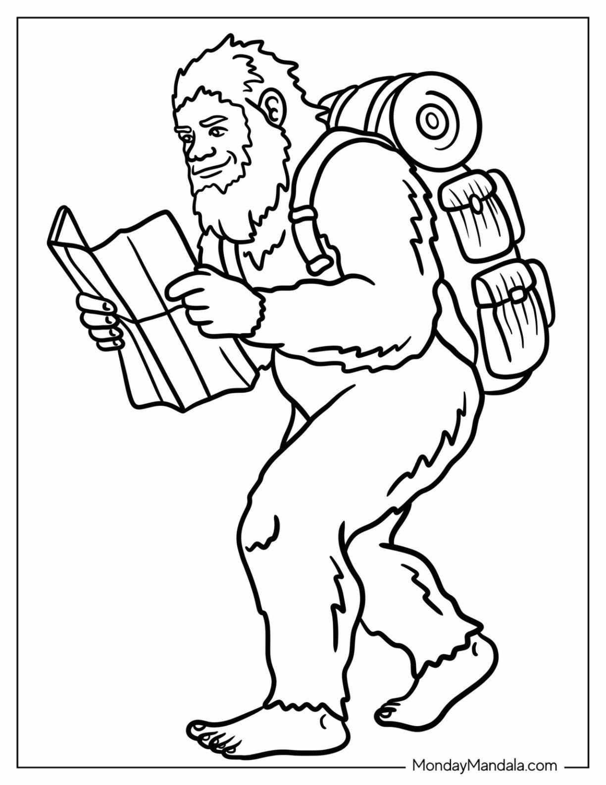 Bigfoot And Yeti Coloring Page of Adventurous Bigfoot Reading a Map and Wearing a Backpack for Kids