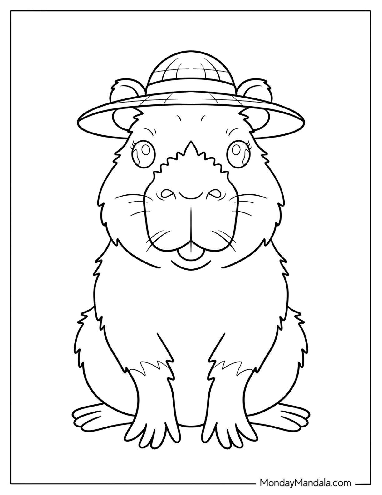 Adventurous Capybara Coloring Page in Safari Hat Ready to Explore for Preschoolers