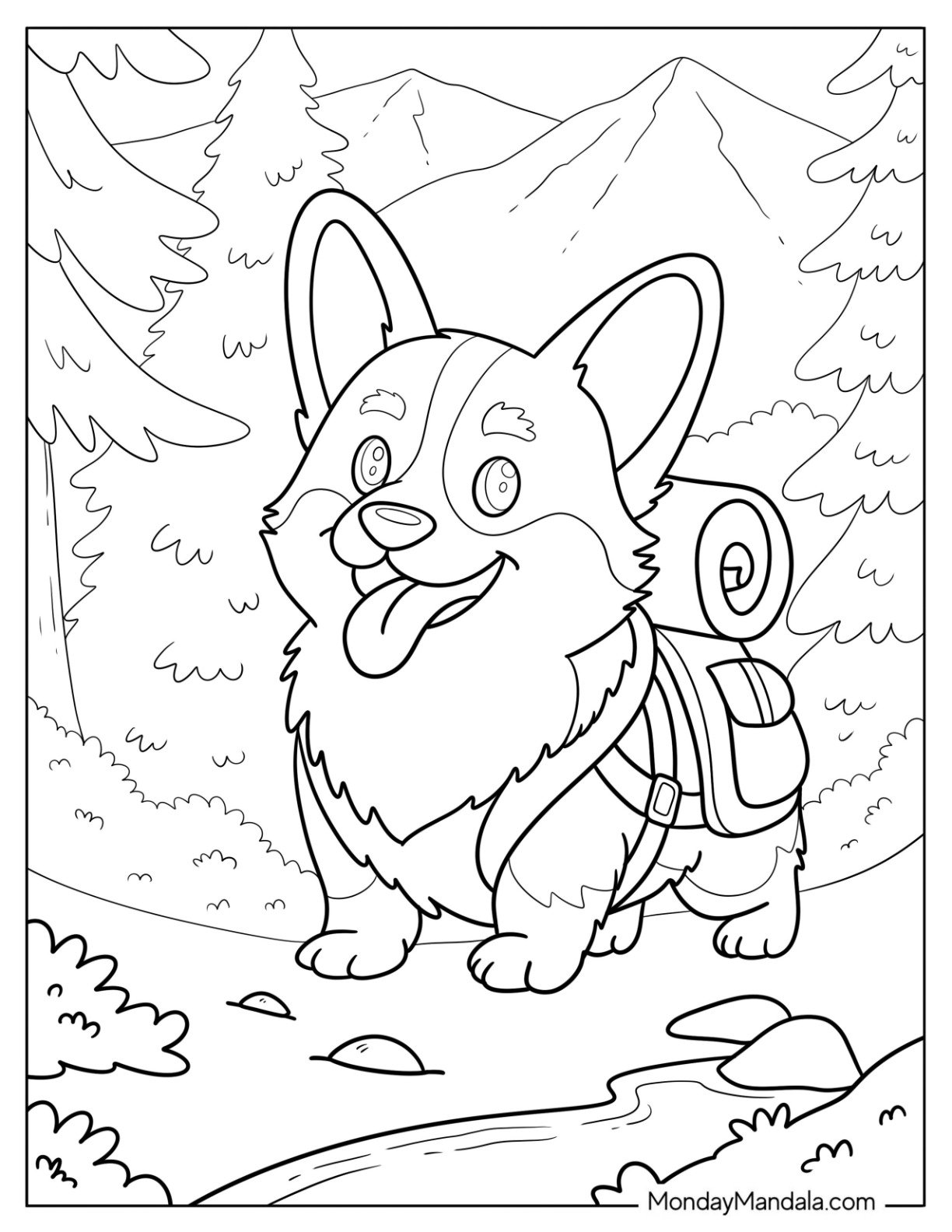 Adventurous Corgi Coloring Page Hiking in the Forest Coloring Page